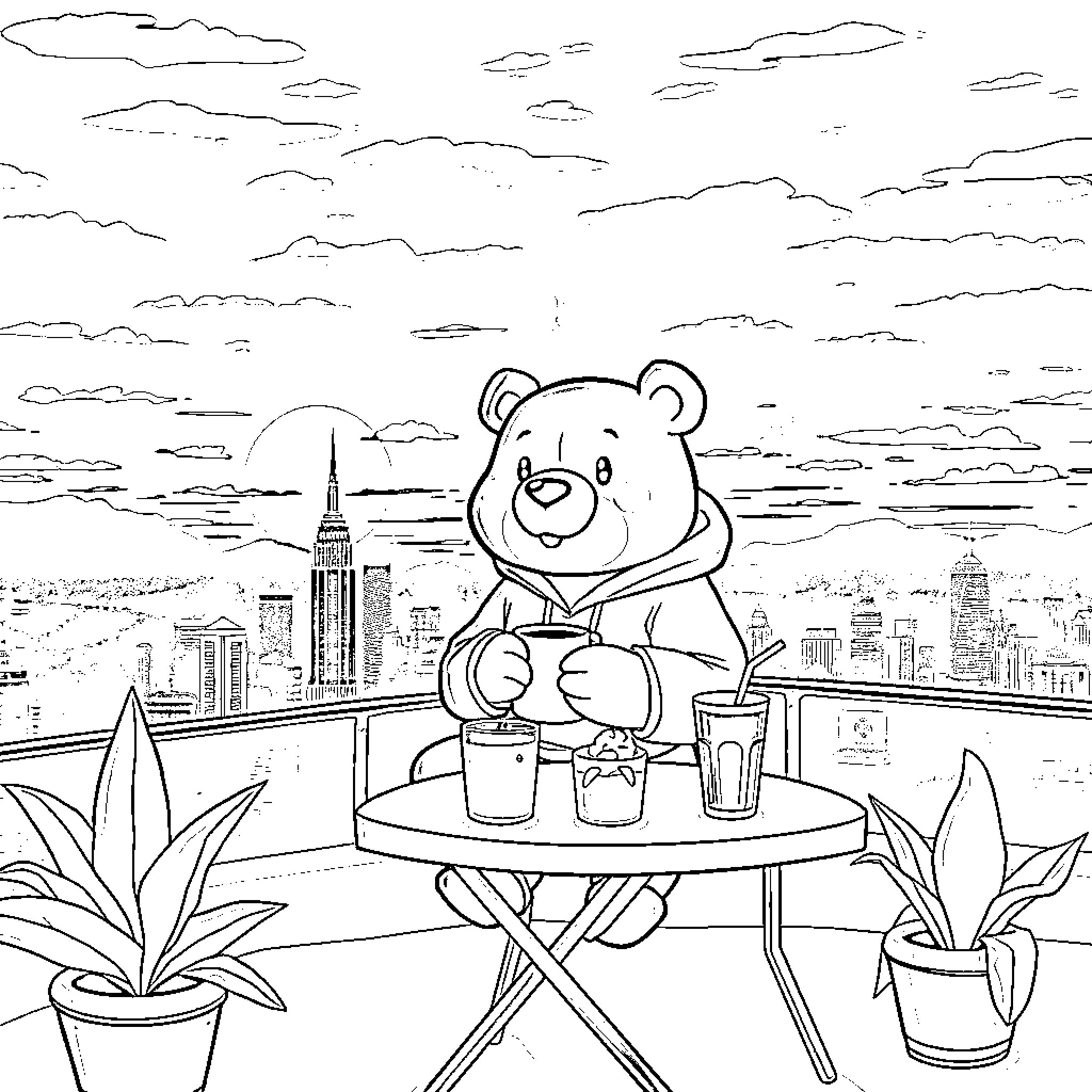 Bear enjoys a relaxing afternoon in the city Coloring Page (free black-and-white line drawing printable PDF for all, from beginners to advanced learners, including children, teens, adults, and seniors)