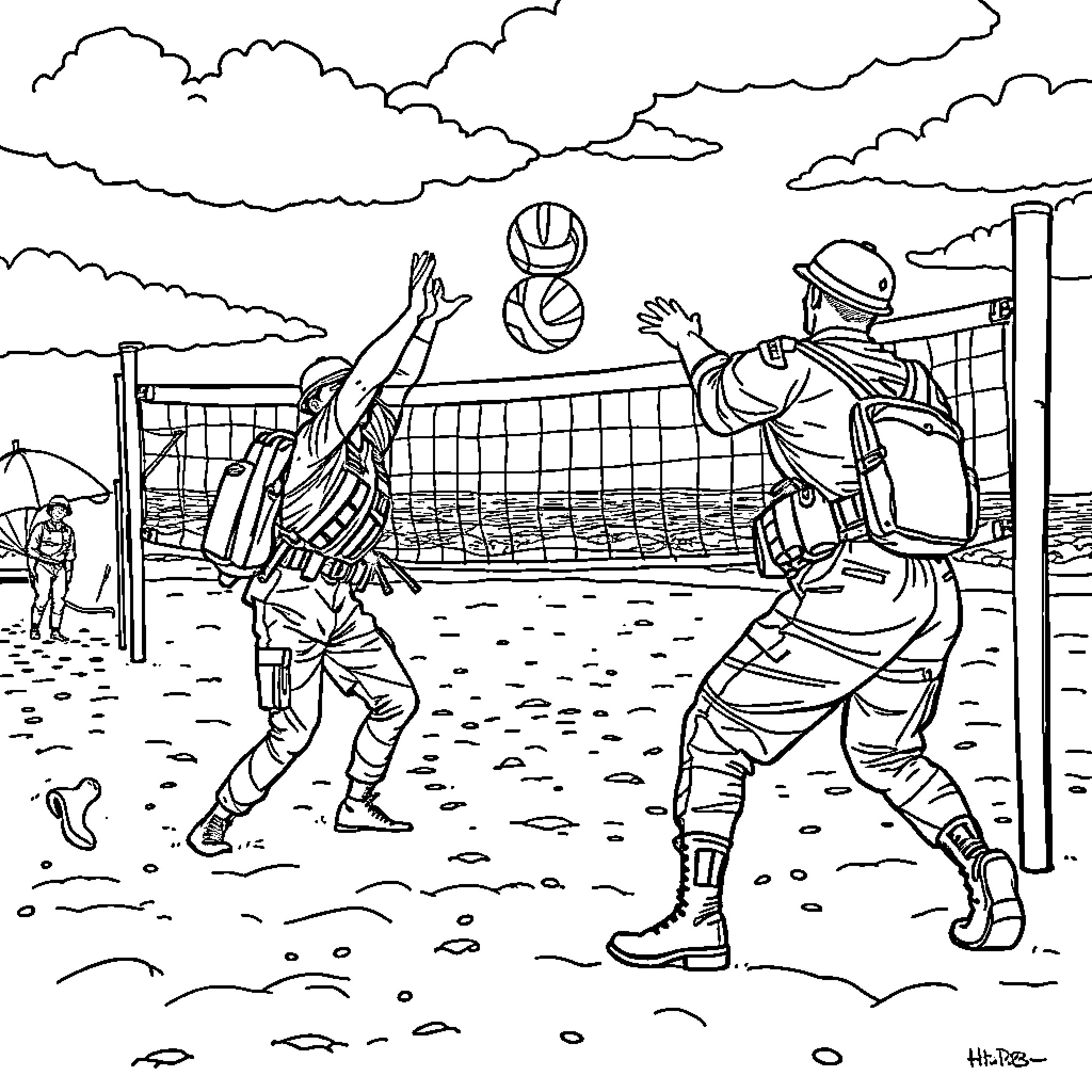Army soldiers playing volleyball on the beach Coloring Page (free black-and-white line drawing printable PDF for all, from beginners to advanced learners, including children, teens, adults, and seniors)