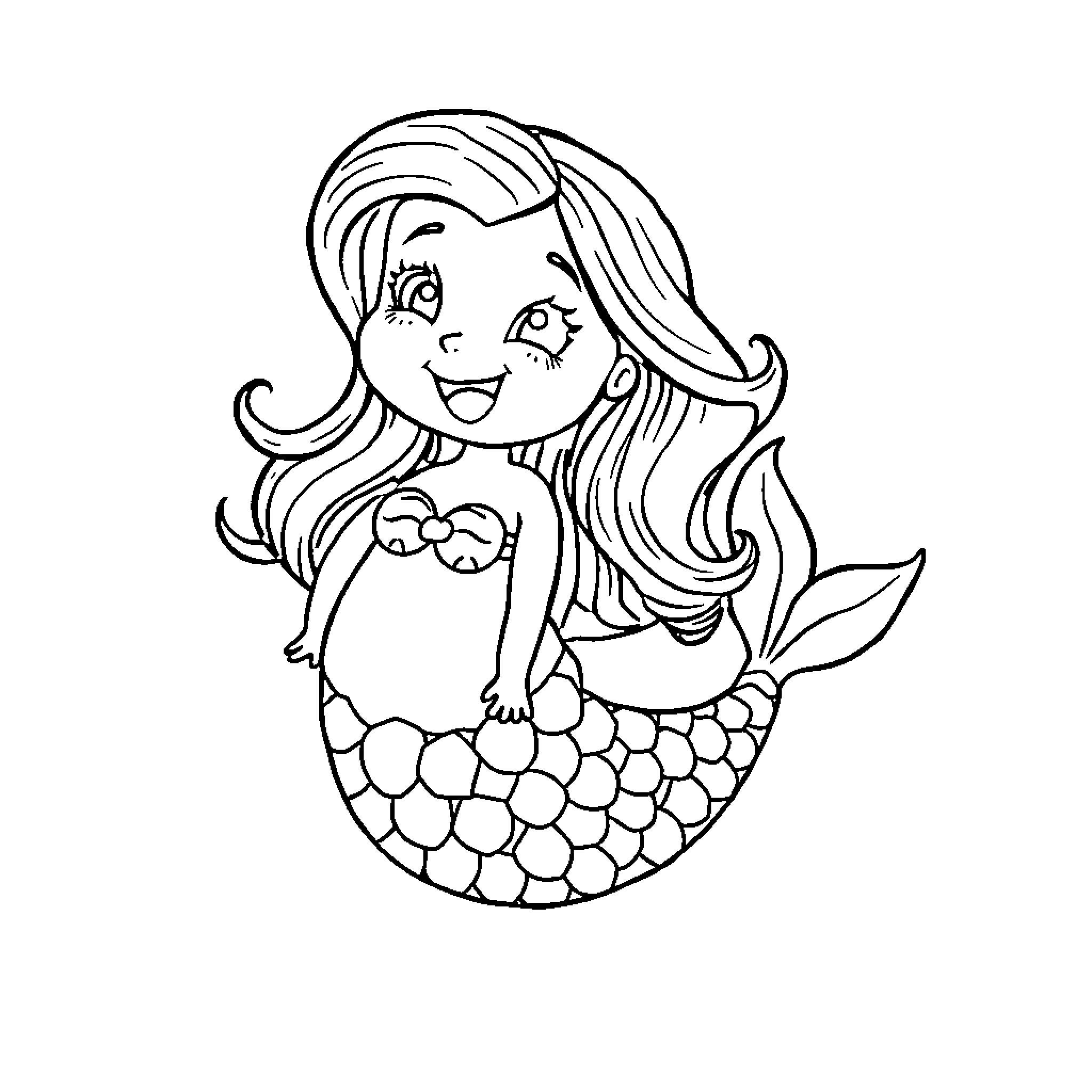 Mermaid with a joyful expression Coloring Page (free black-and-white line drawing printable PDF for all, from beginners to advanced learners, including children, teens, adults, and seniors)