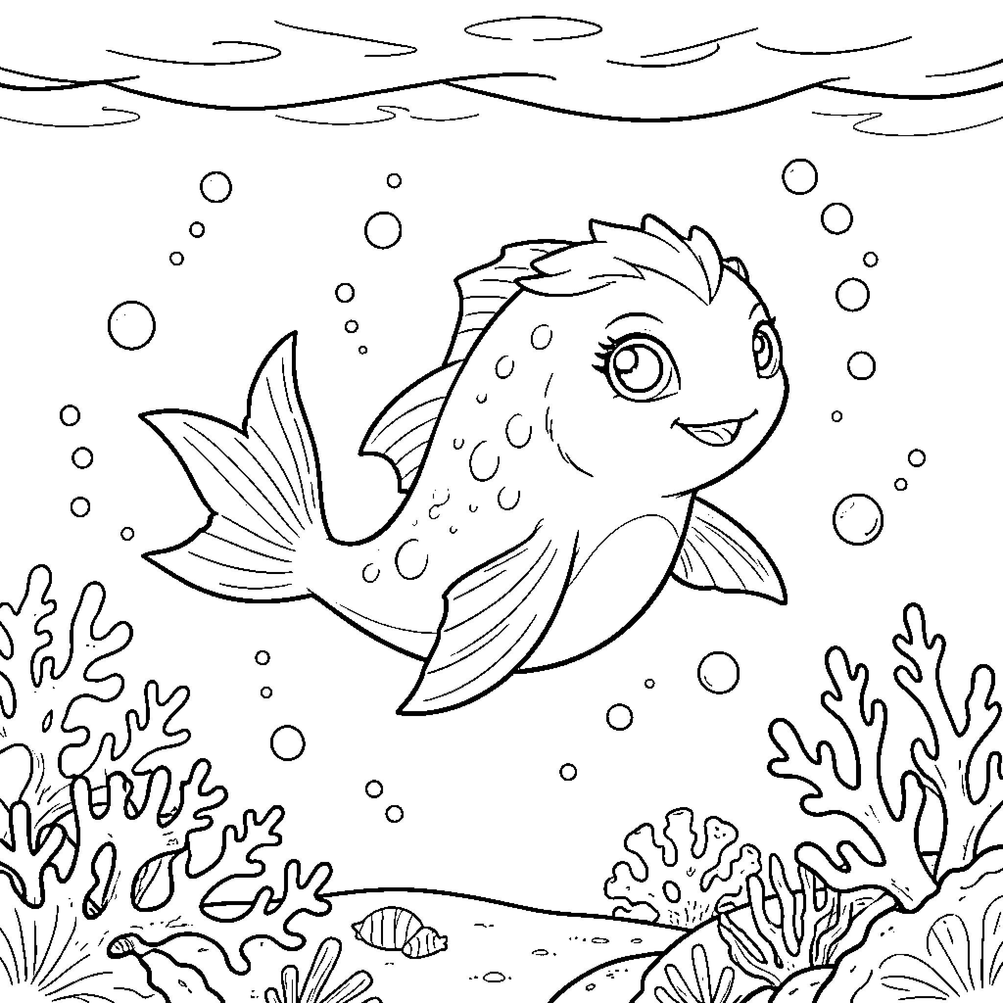 Bluye's Underwater Adventure Coloring Page (free black-and-white line drawing printable PDF for all, from beginners to advanced learners, including children, teens, adults, and seniors)