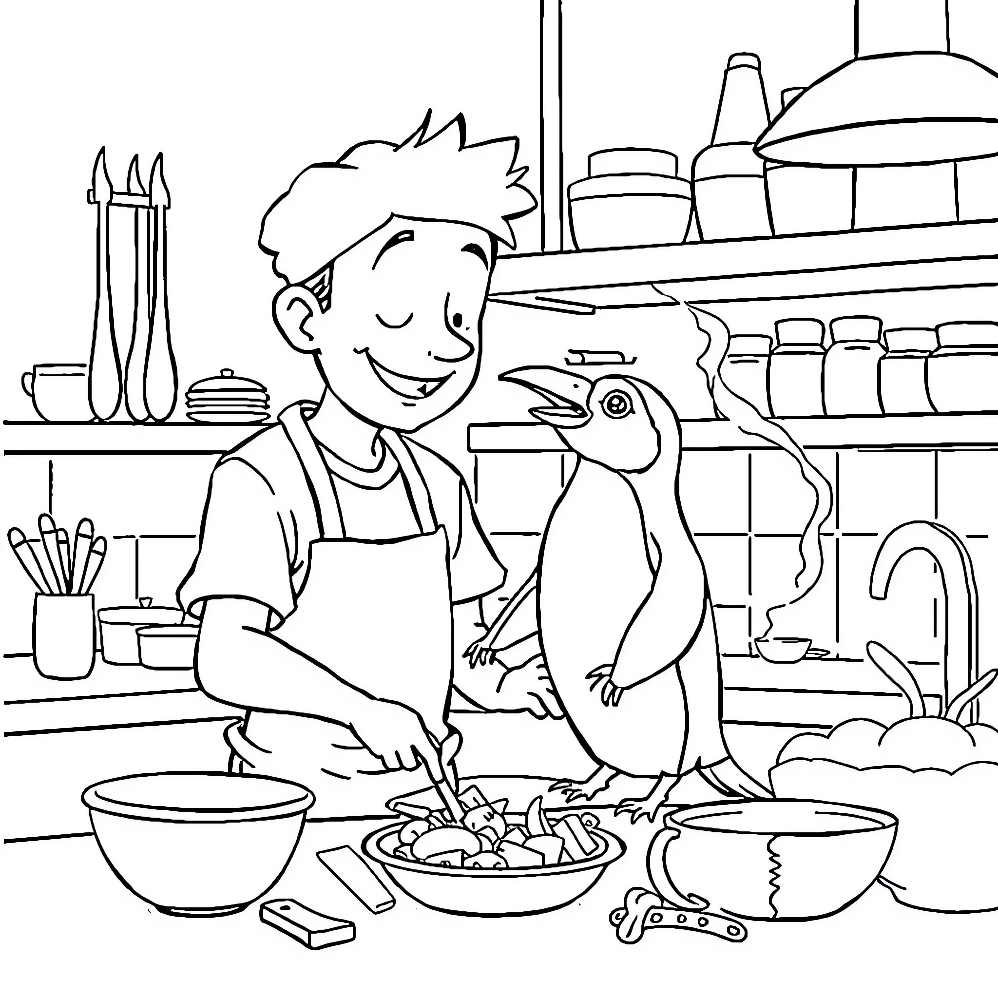 Cocinero prepares delicious meal with animal companion Coloring Page (free black-and-white line drawing printable PDF for all, from beginners to advanced learners, including children, teens, adults, and seniors)