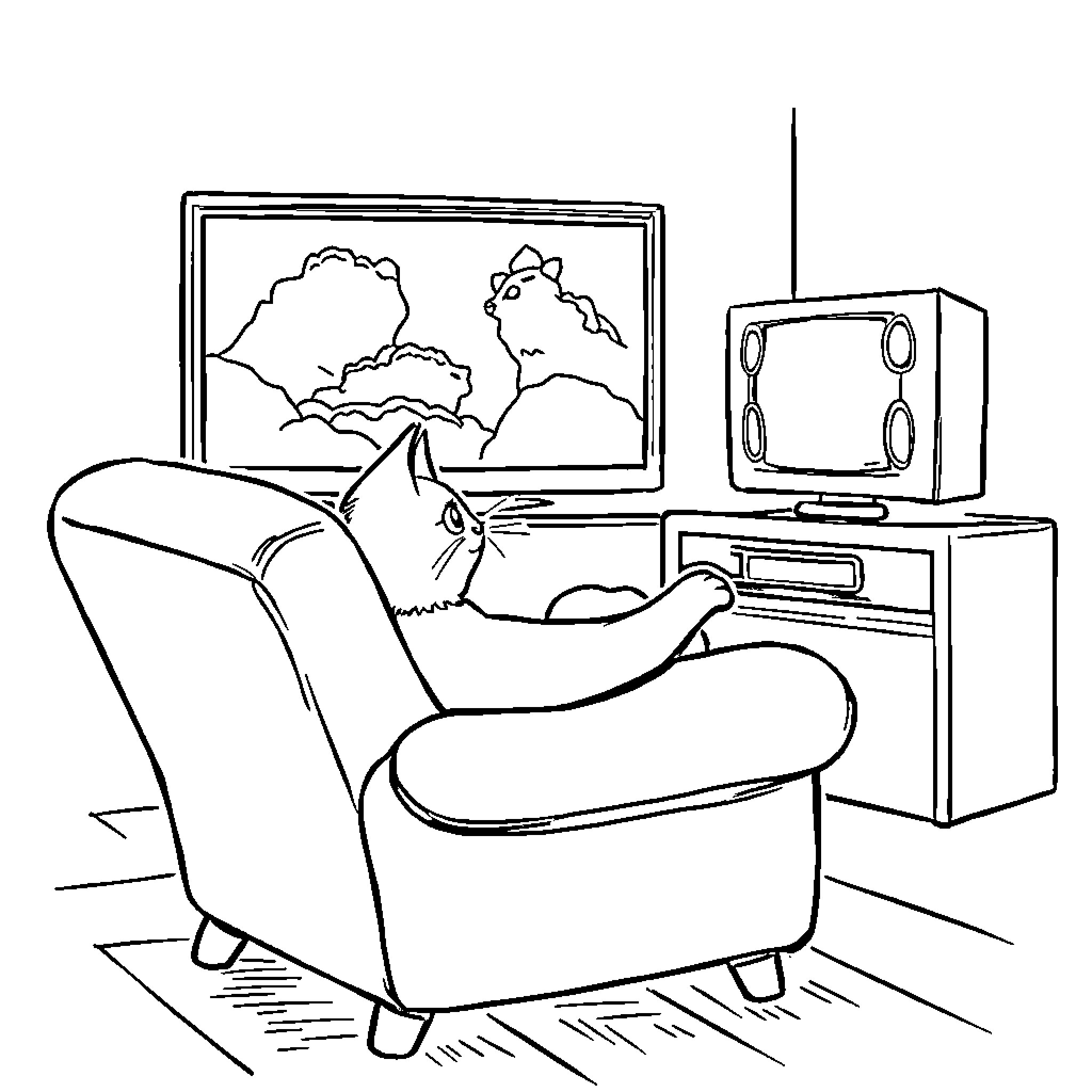Cat relaxing in front of TV Coloring Page (free black-and-white line drawing printable PDF for all, from beginners to advanced learners, including children, teens, adults, and seniors)