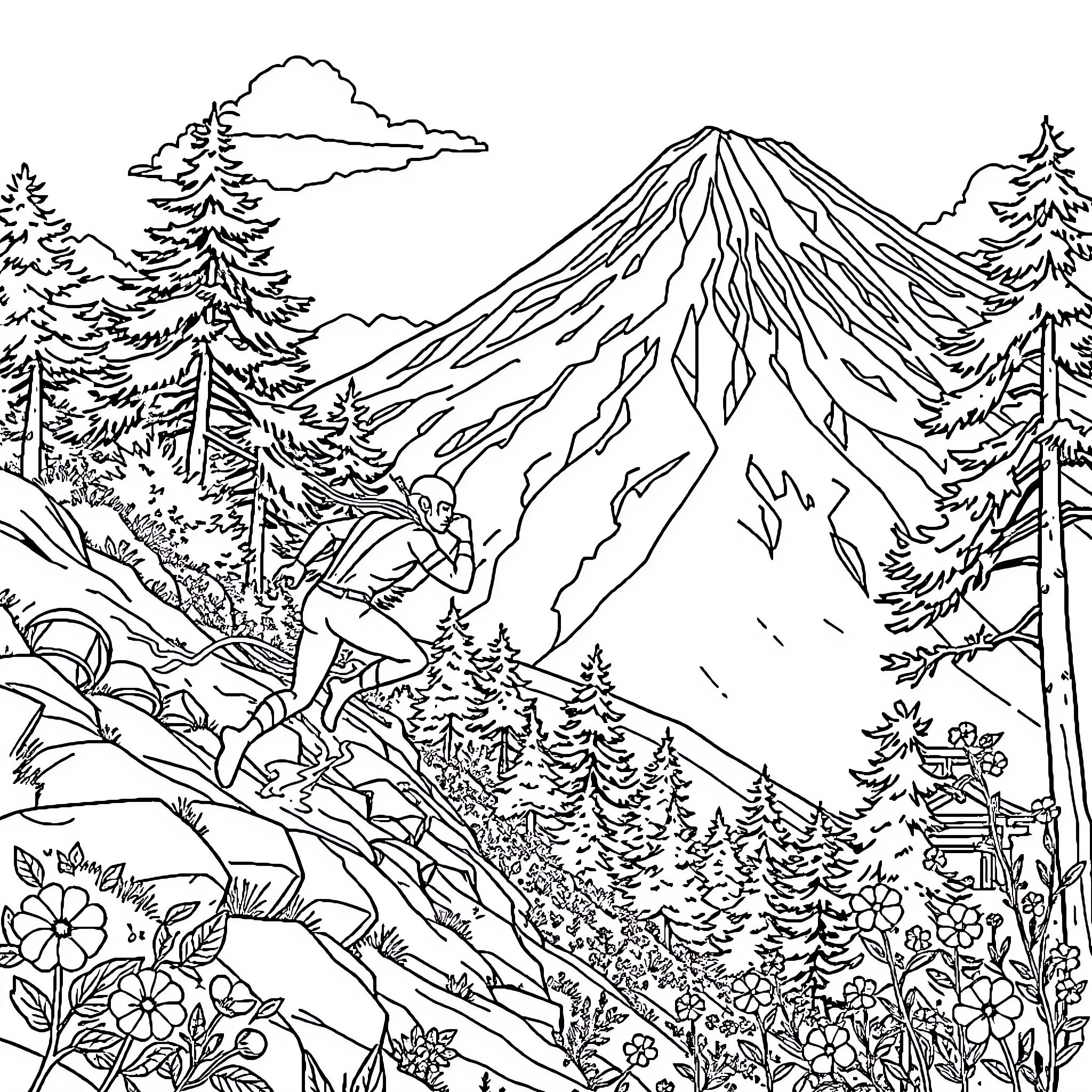 Flash Mountain Scenery with Forest and Flowers Coloring Page (free black-and-white line drawing printable PDF for all, from beginners to advanced learners, including children, teens, adults, and seniors)