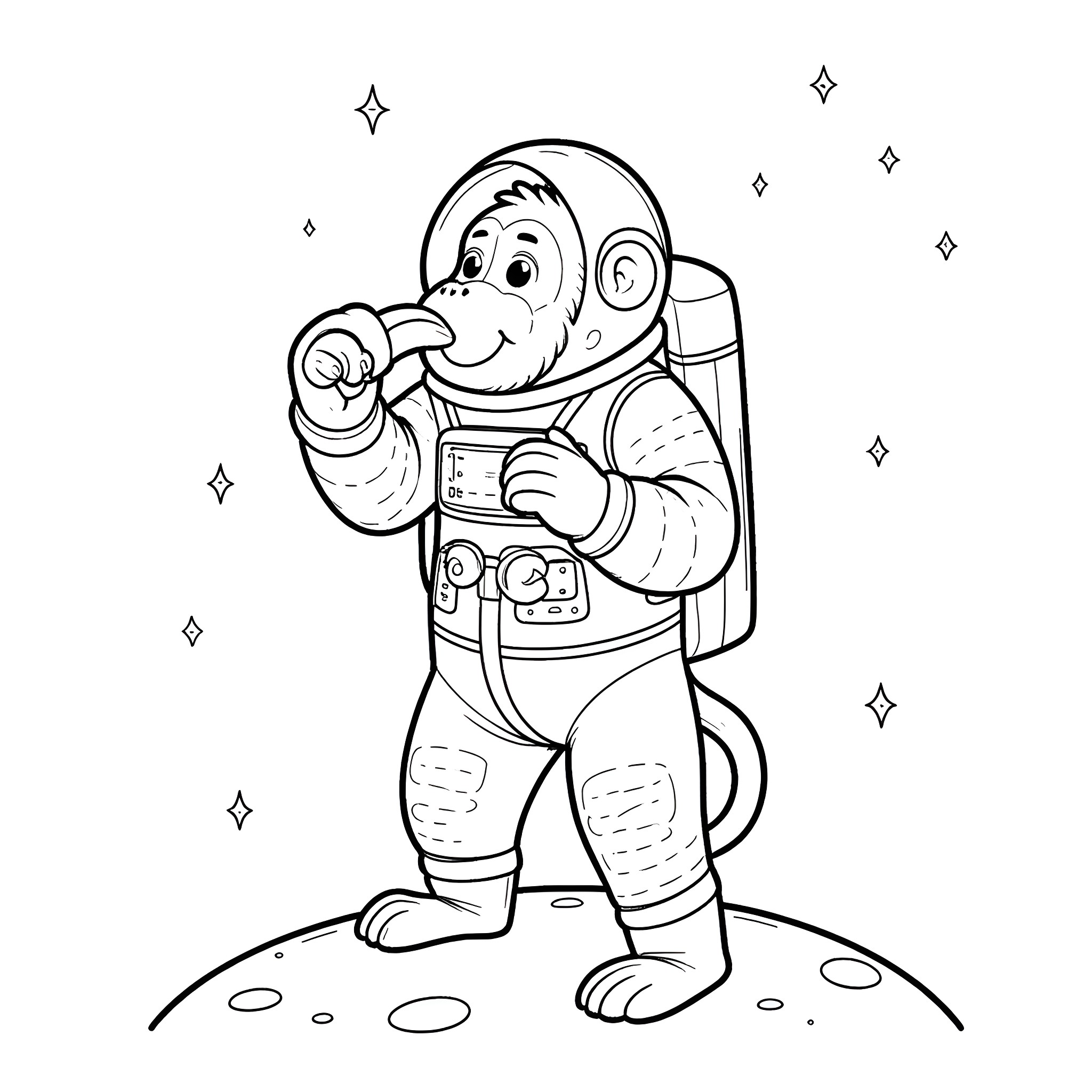 Baboon astronaut exploring the moon Coloring Page (free black-and-white line drawing printable PDF for all, from beginners to advanced learners, including children, teens, adults, and seniors)