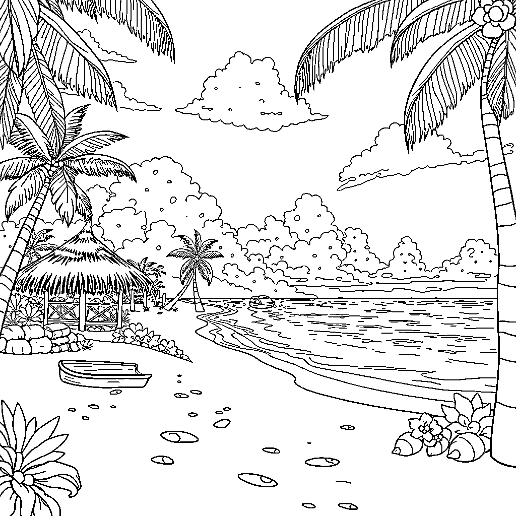 Beach scene with palm trees and tropical landscape Coloring Page (free black-and-white line drawing printable PDF for all, from beginners to advanced learners, including children, teens, adults, and seniors)