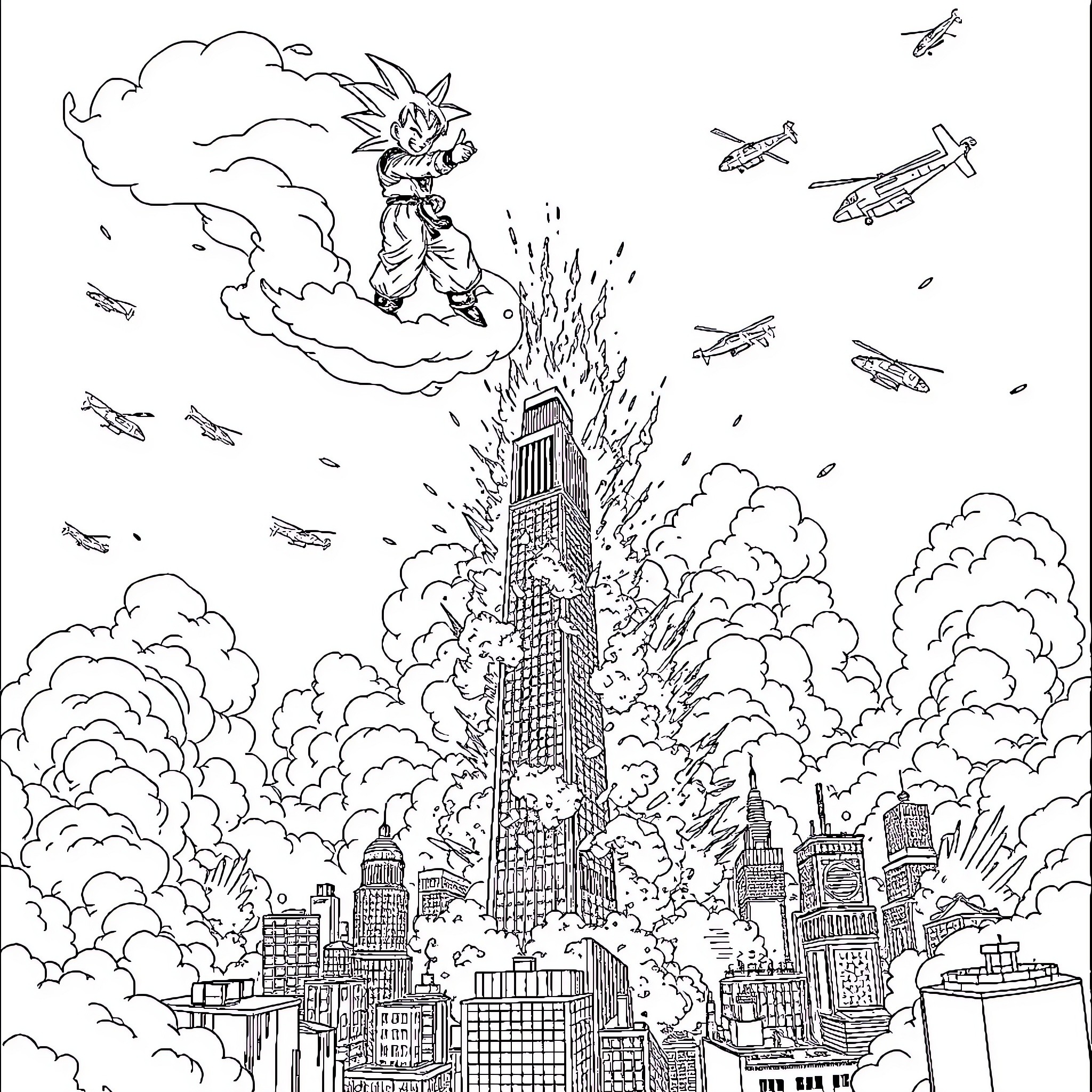 Goku's Heroic Aerial Assault on the City Coloring Page (free black-and-white line drawing printable PDF for all, from beginners to advanced learners, including children, teens, adults, and seniors)