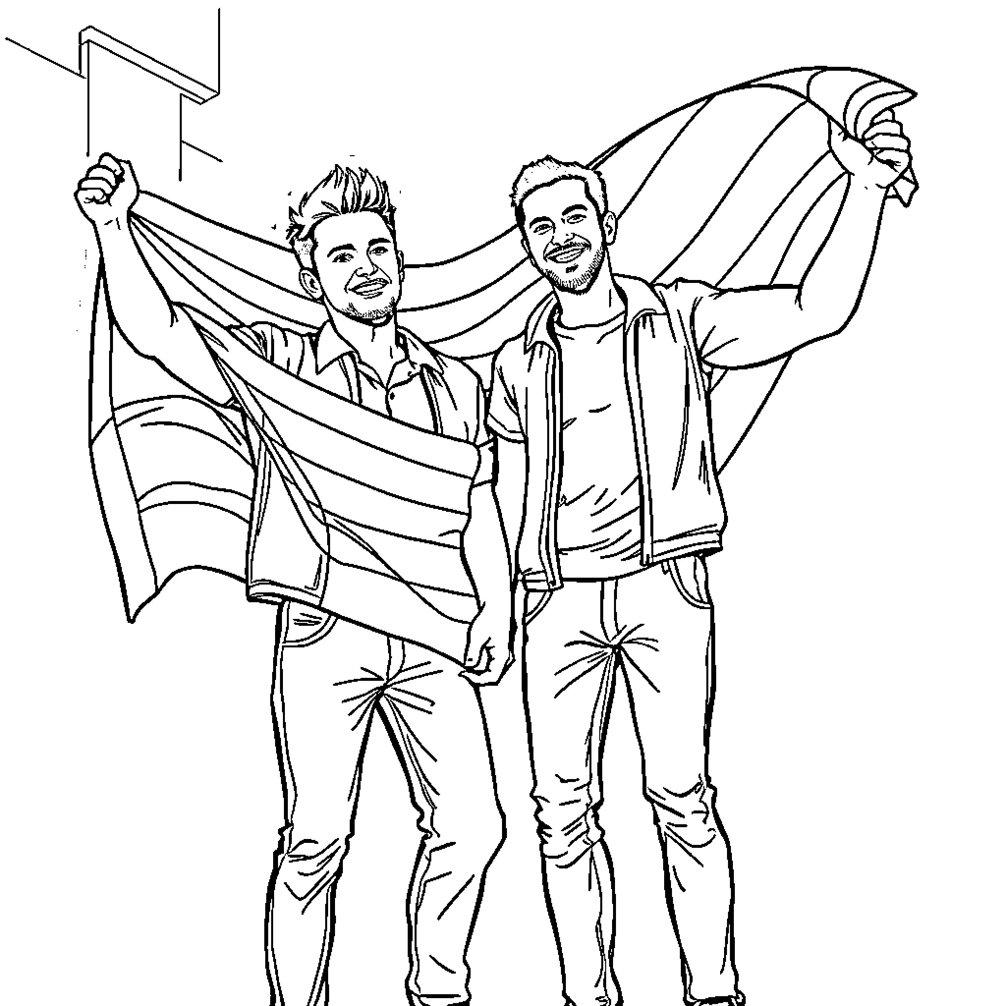 Man celebrating victory with friend at sports event Coloring Page (free black-and-white line drawing printable PDF for all, from beginners to advanced learners, including children, teens, adults, and seniors)