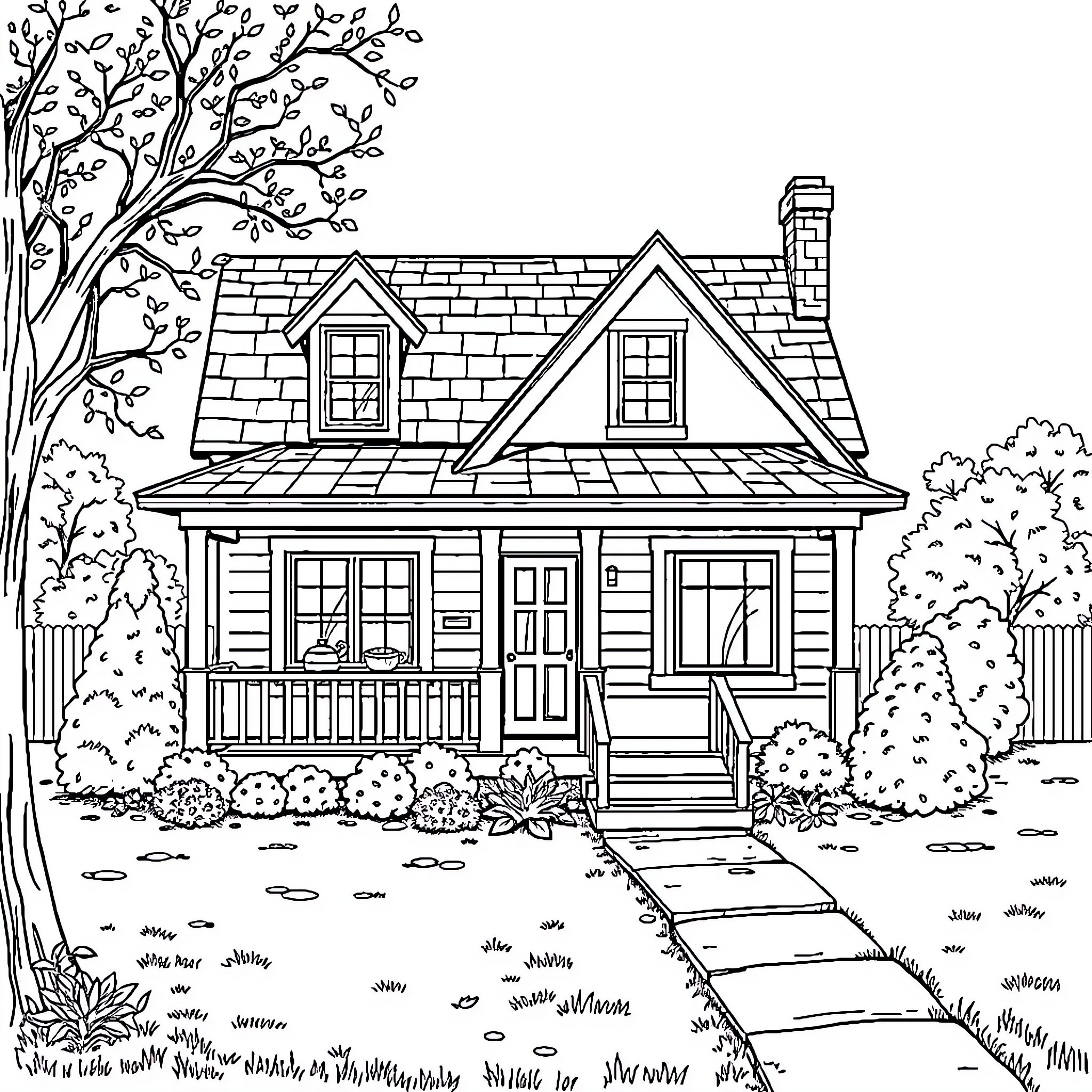 House with quaint cottage-style architecture Coloring Page (free black-and-white line drawing printable PDF for all, from beginners to advanced learners, including children, teens, adults, and seniors)