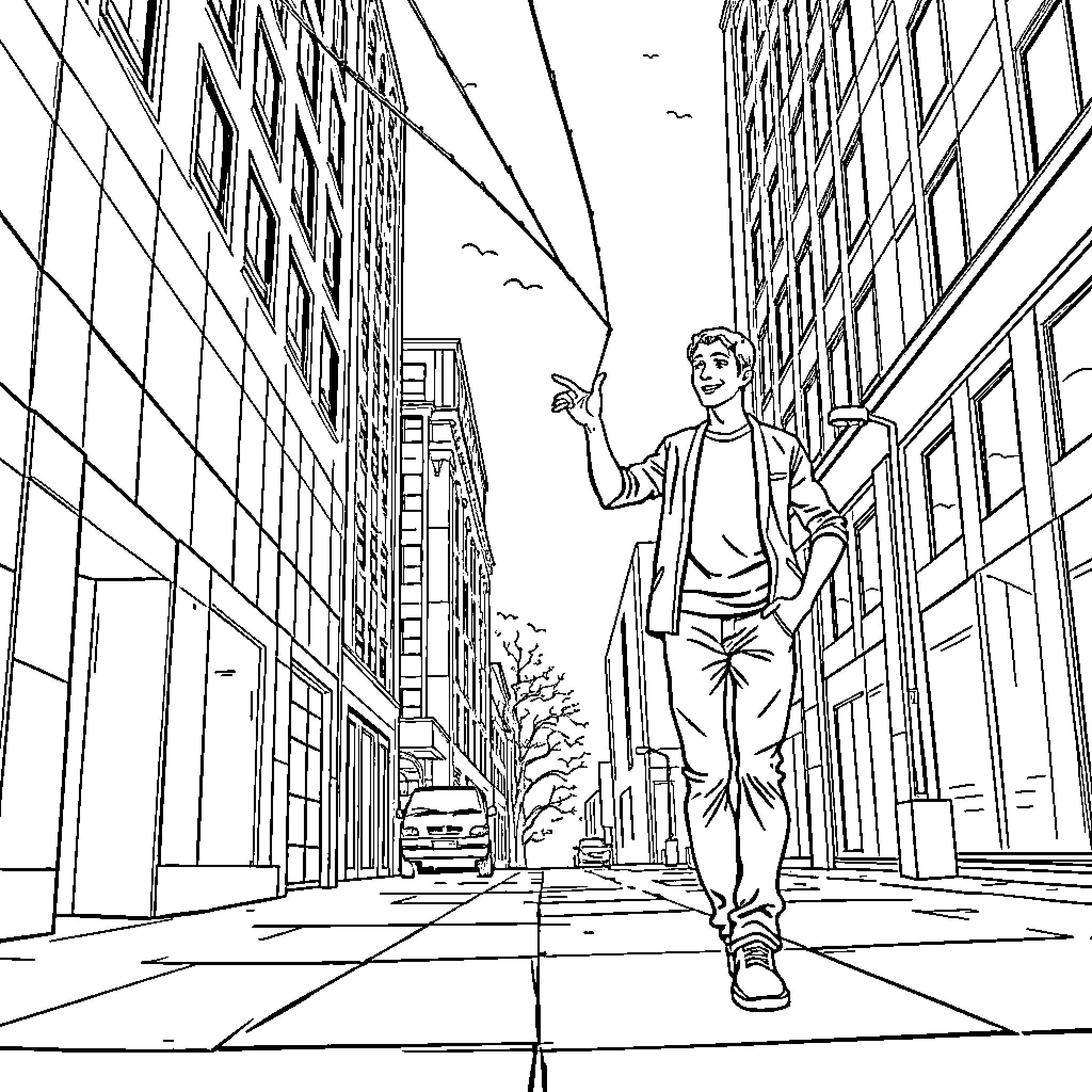 Spiderman exploring the city streets Coloring Page (free black-and-white line drawing printable PDF for all, from beginners to advanced learners, including children, teens, adults, and seniors)