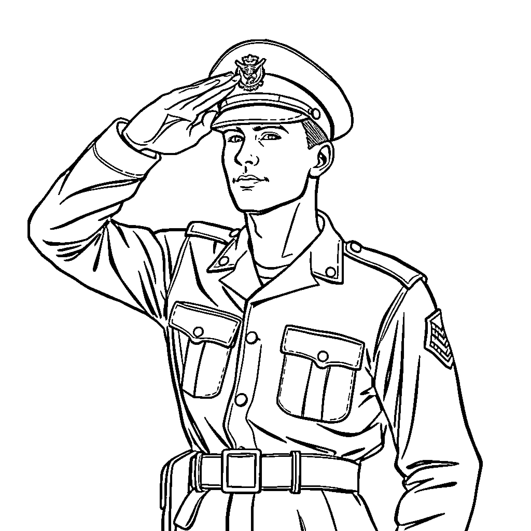 Soldier in uniform saluting with confidence Coloring Page (free black-and-white line drawing printable PDF for all, from beginners to advanced learners, including children, teens, adults, and seniors)