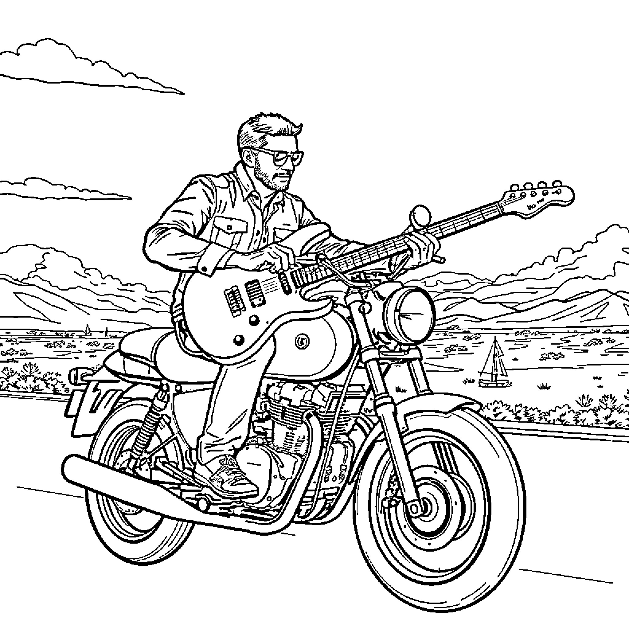 Man riding motorcycle and playing guitar in nature Coloring Page (free black-and-white line drawing printable PDF for all, from beginners to advanced learners, including children, teens, adults, and seniors)