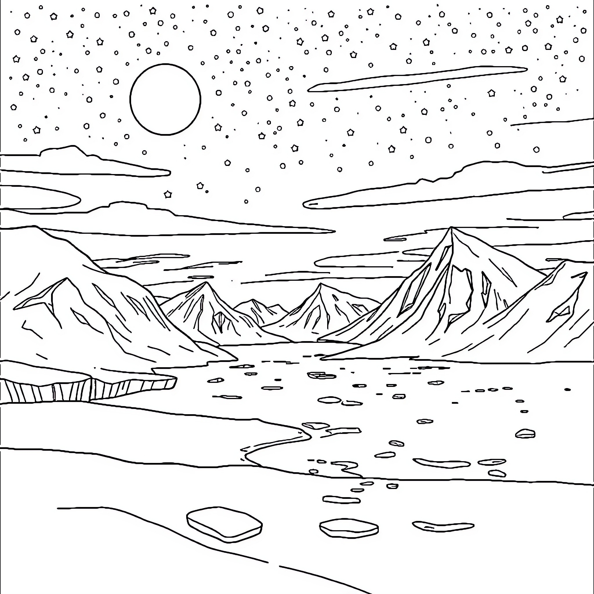 Northpole landscape with mountains and celestial sky Coloring Page (free black-and-white line drawing printable PDF for all, from beginners to advanced learners, including children, teens, adults, and seniors)