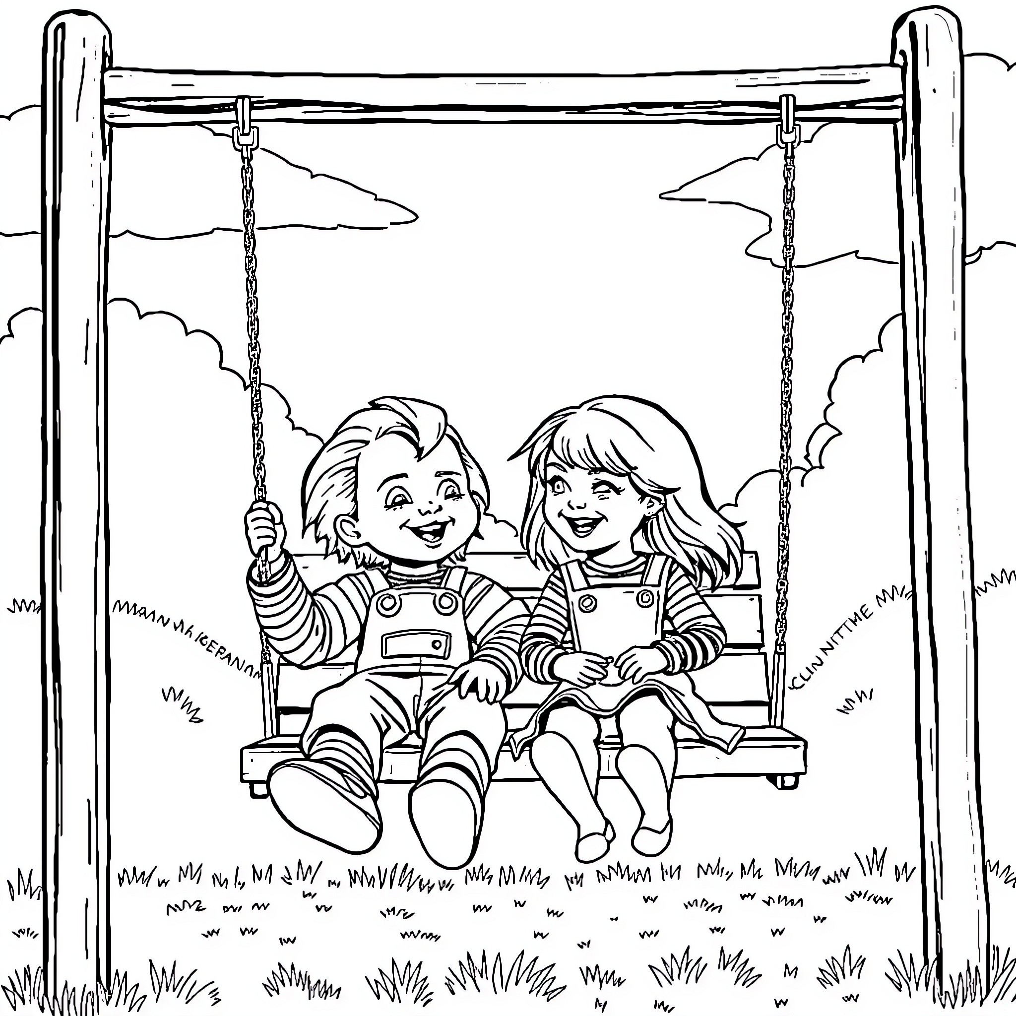 Chucky and friend enjoying a swing in the park Coloring Page (free black-and-white line drawing printable PDF for all, from beginners to advanced learners, including children, teens, adults, and seniors)