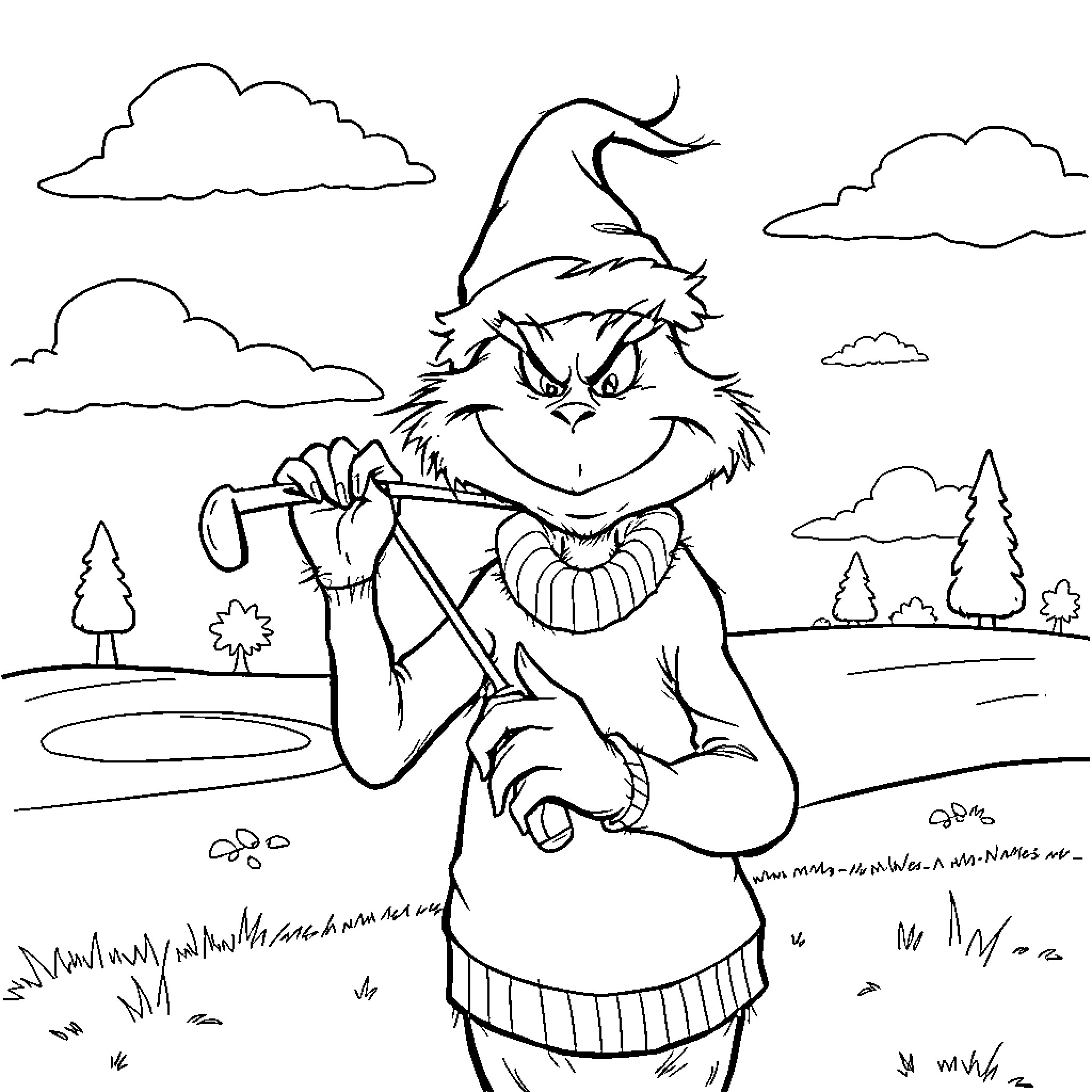 Grinch mischievously holding a rake in the outdoors Coloring Page (free black-and-white line drawing printable PDF for all, from beginners to advanced learners, including children, teens, adults, and seniors)