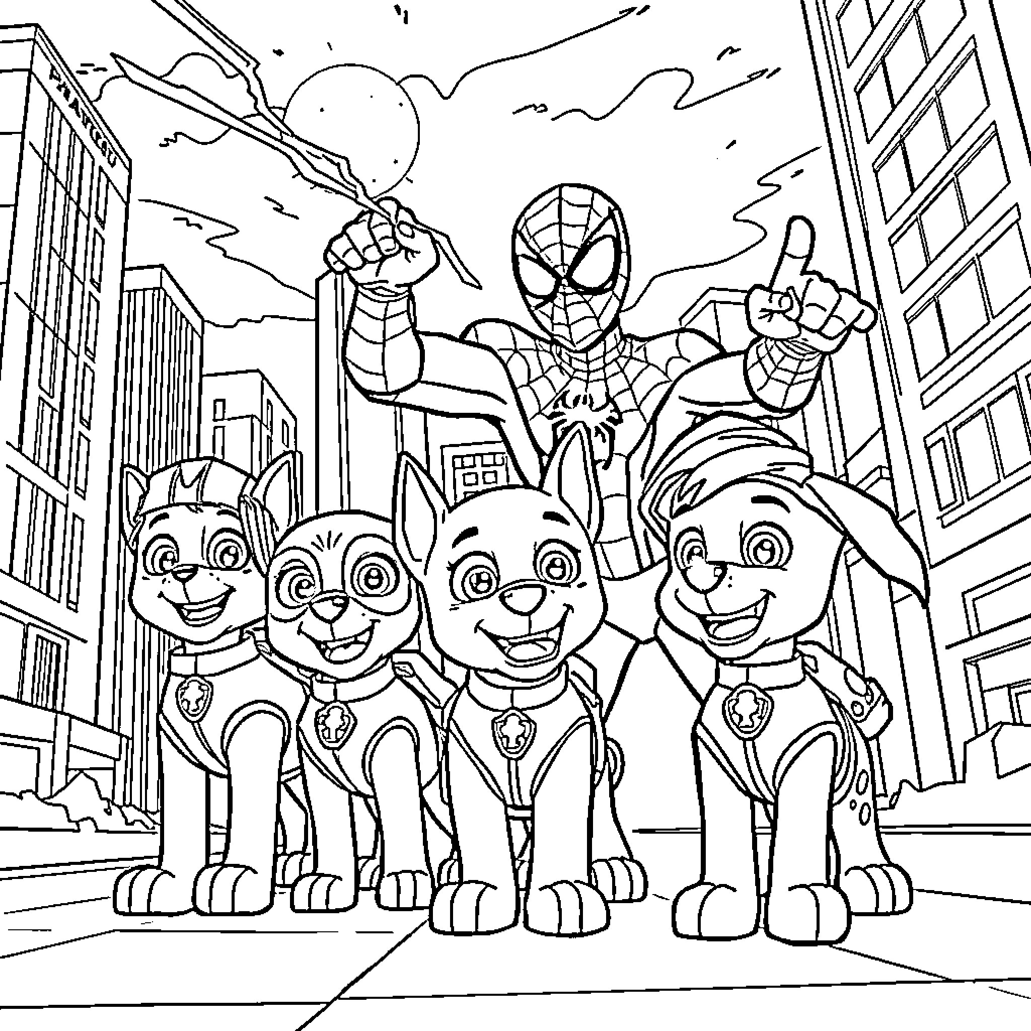 Paw Patrol Superheroes in the City Coloring Page (free black-and-white line drawing printable PDF for all, from beginners to advanced learners, including children, teens, adults, and seniors)