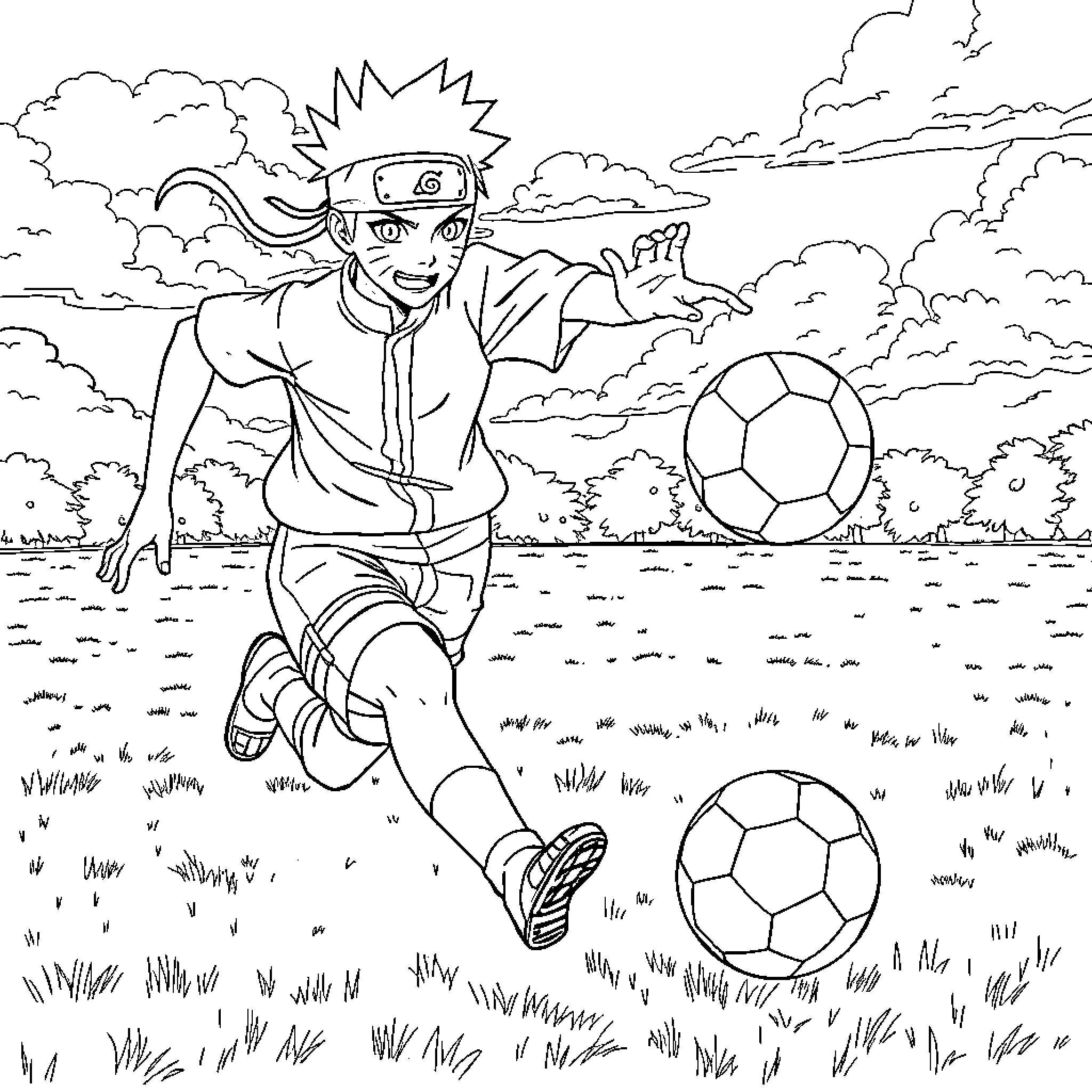 Naruto playing soccer in the field Coloring Page (free black-and-white line drawing printable PDF for all, from beginners to advanced learners, including children, teens, adults, and seniors)