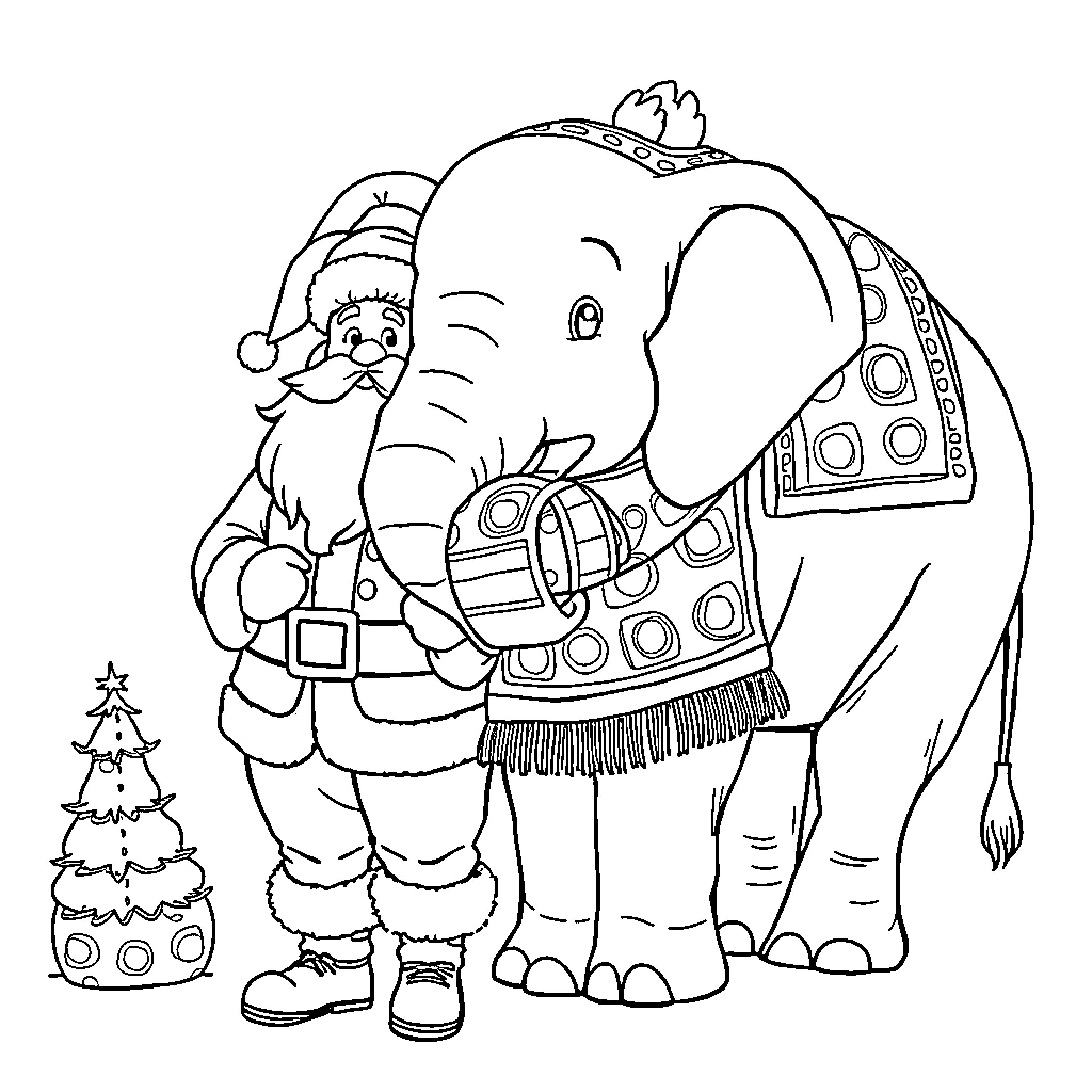 Santa with Festive Elephant Friend Coloring Page (free black-and-white line drawing printable PDF for all, from beginners to advanced learners, including children, teens, adults, and seniors)