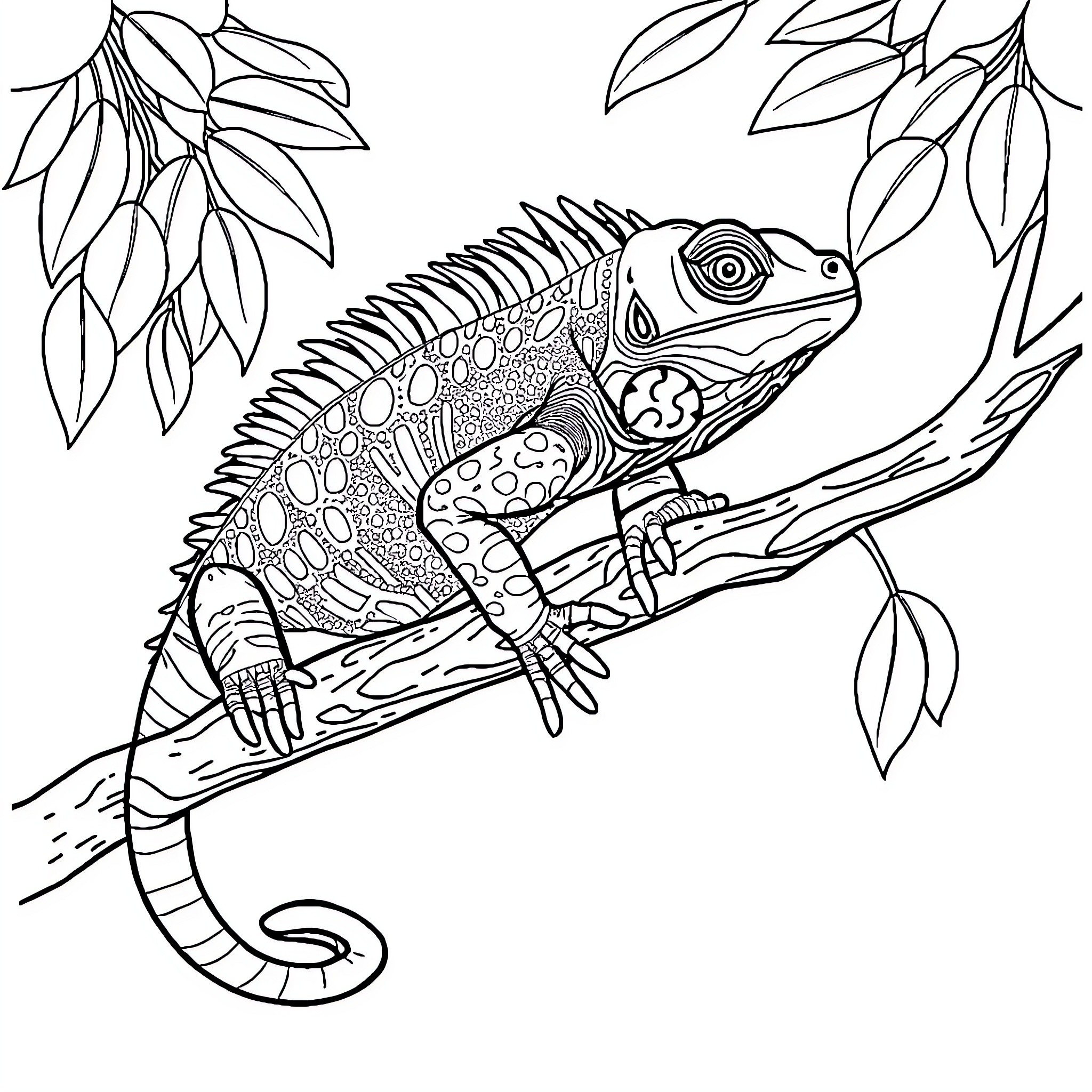 Iguana exploring lush foliage Coloring Page (free black-and-white line drawing printable PDF for all, from beginners to advanced learners, including children, teens, adults, and seniors)