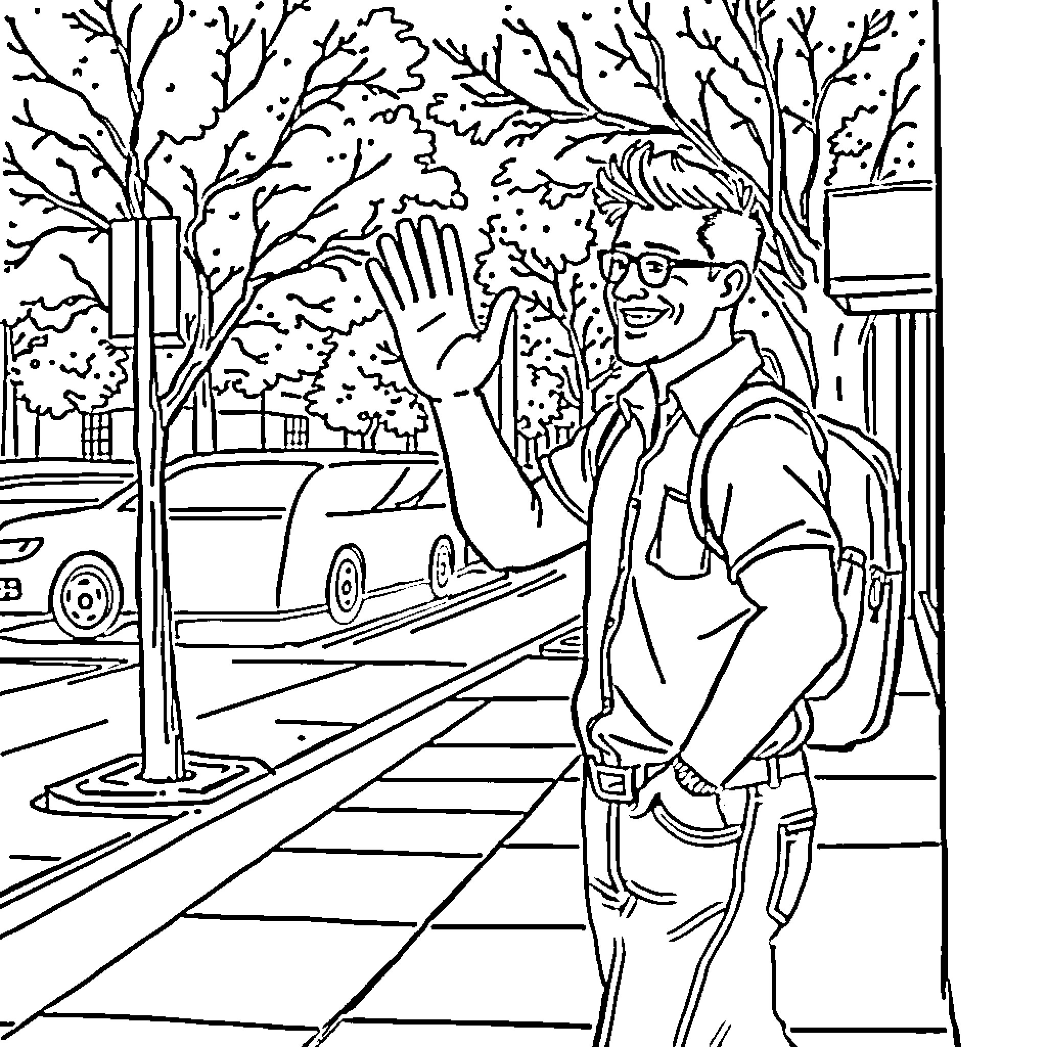 Man waving and walking down city street Coloring Page (free black-and-white line drawing printable PDF for all, from beginners to advanced learners, including children, teens, adults, and seniors)