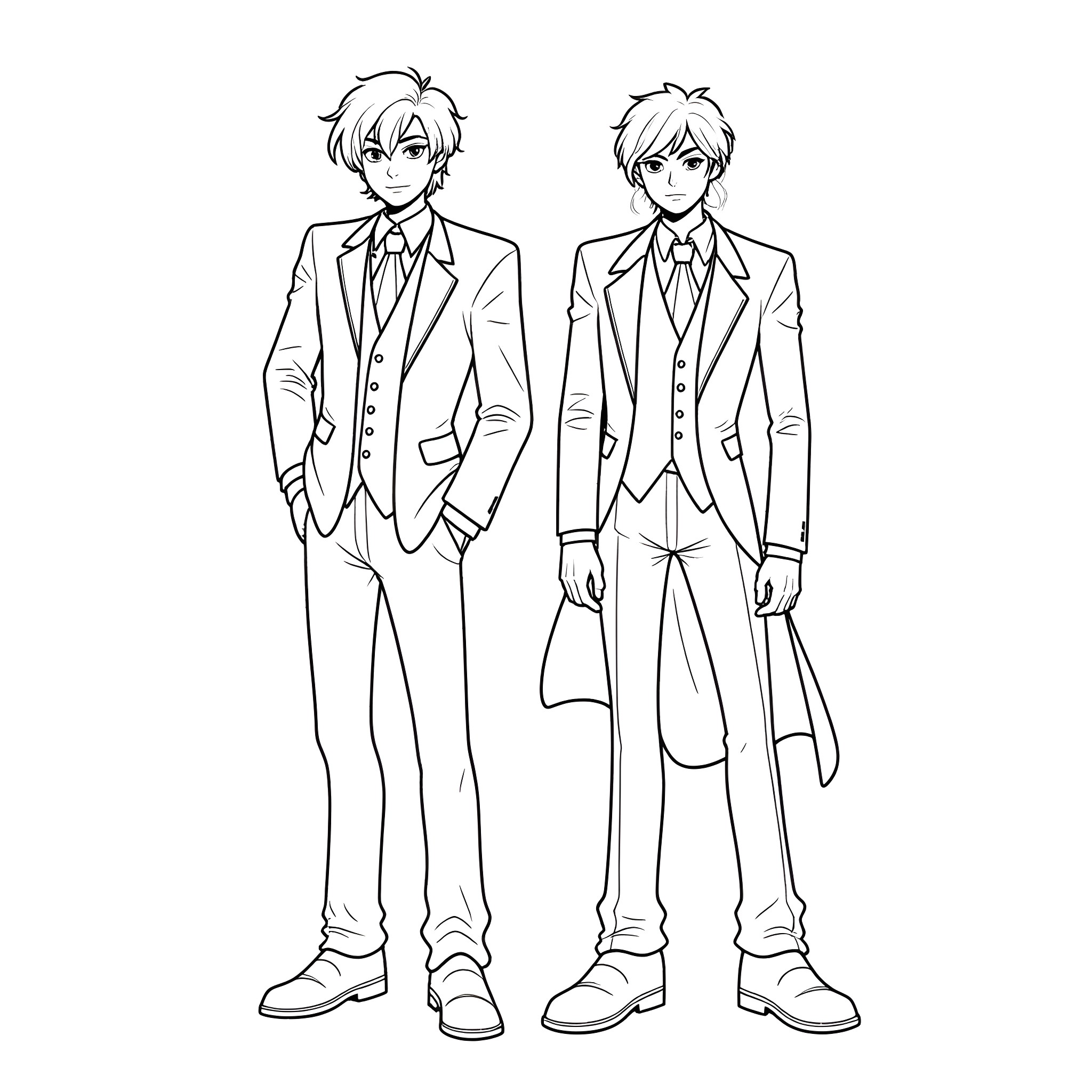 Akechi Goro and a Companion in Formal Attire Coloring Page (free black-and-white line drawing printable PDF for all, from beginners to advanced learners, including children, teens, adults, and seniors)