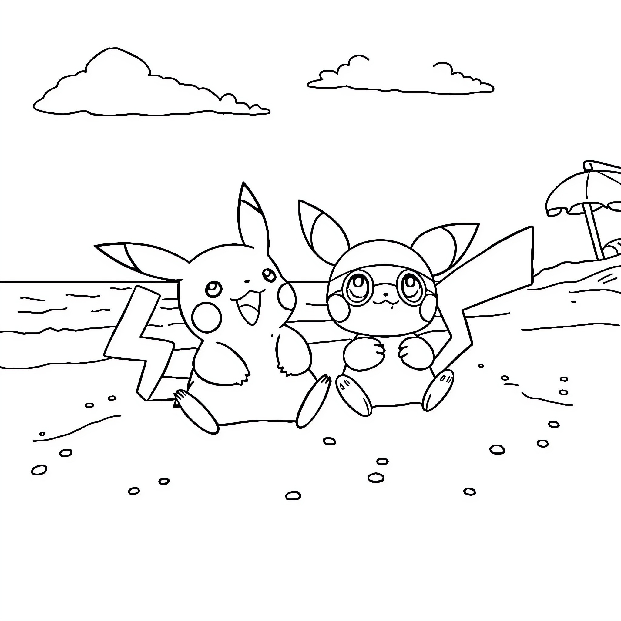 Pikachu and Pichu playing on the beach Coloring Page (free black-and-white line drawing printable PDF for all, from beginners to advanced learners, including children, teens, adults, and seniors)
