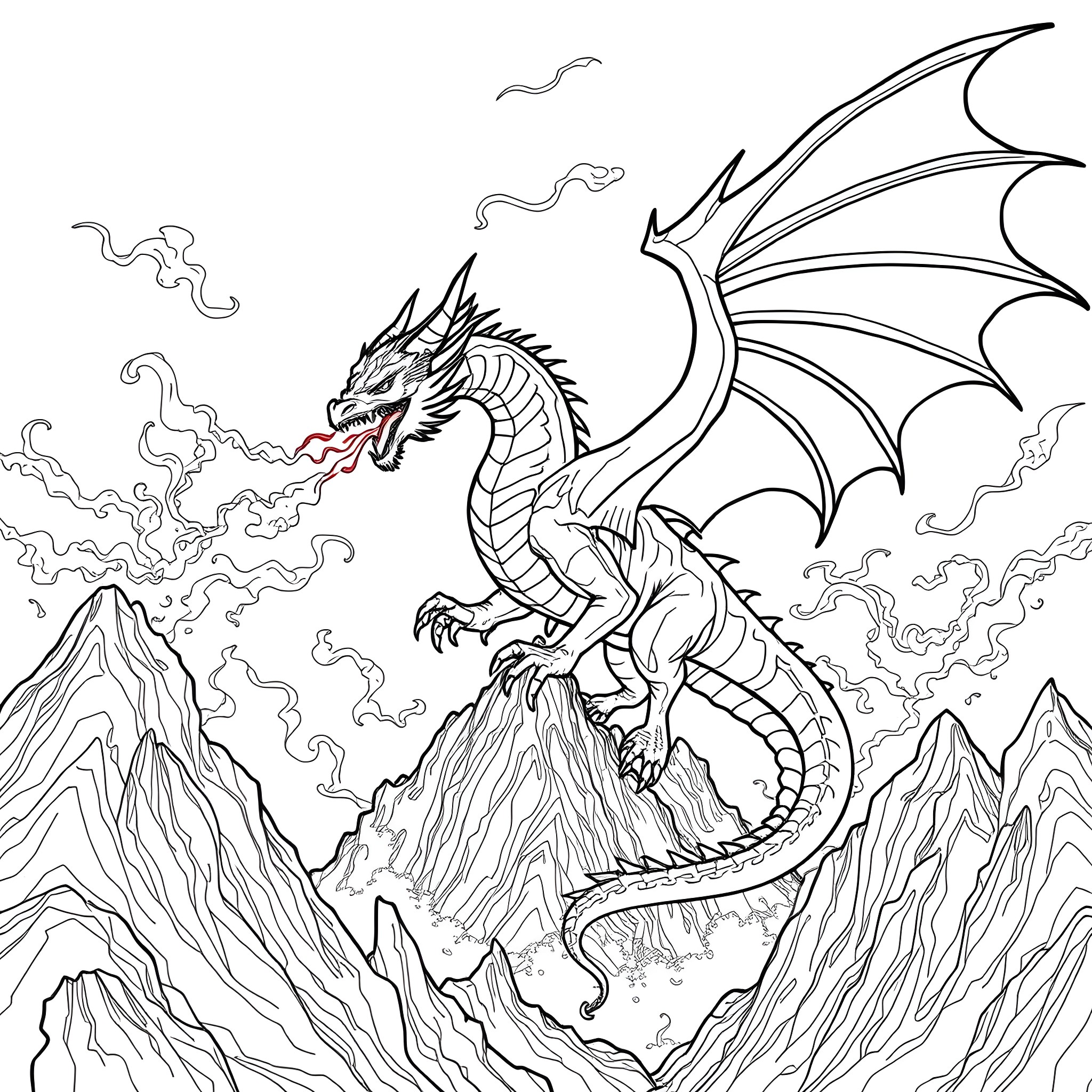 Dragon breathing fire atop a mountain Coloring Page (free black-and-white line drawing printable PDF for all, from beginners to advanced learners, including children, teens, adults, and seniors)