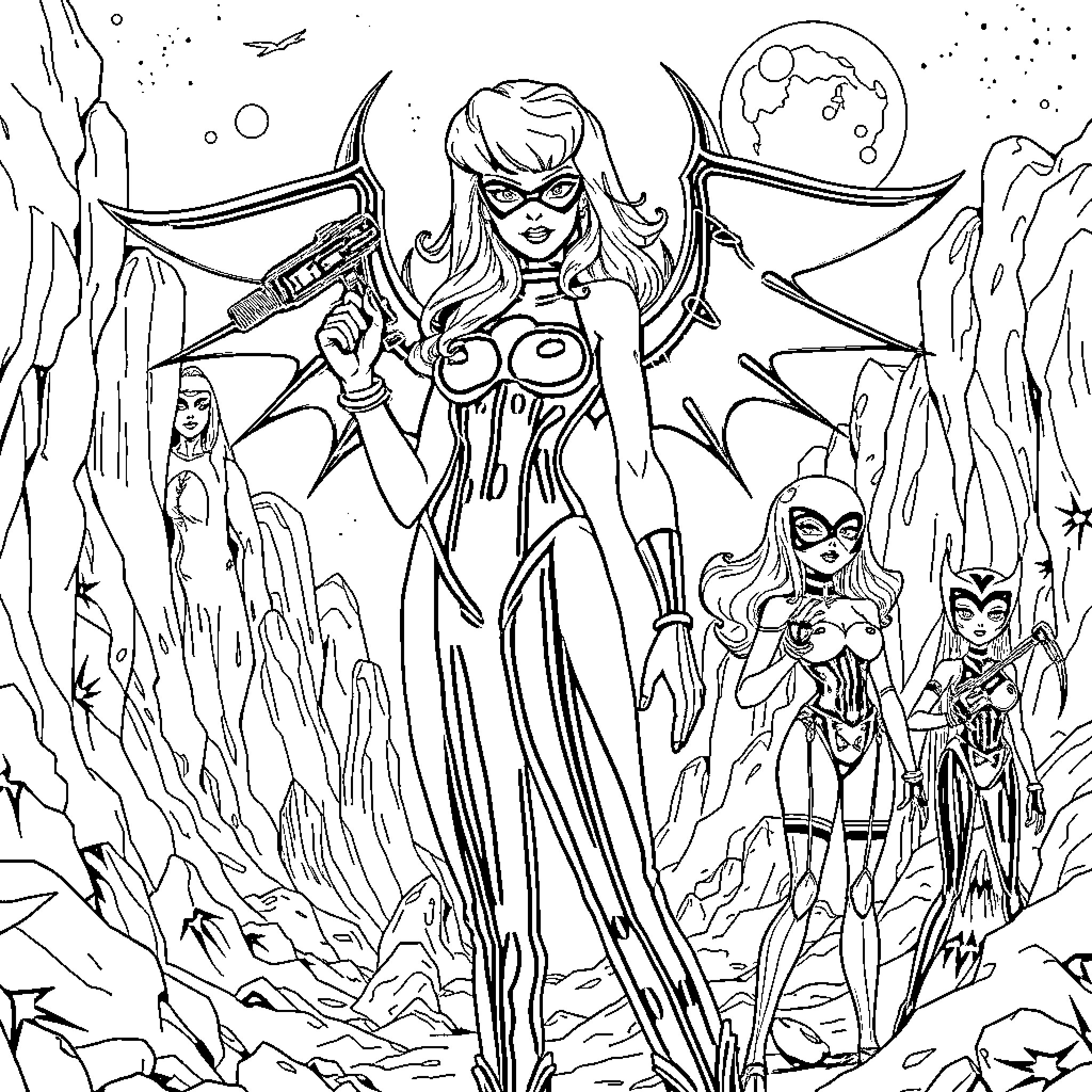 Barbarella's Cosmic Adventure Coloring Page (free black-and-white line drawing printable PDF for all, from beginners to advanced learners, including children, teens, adults, and seniors)