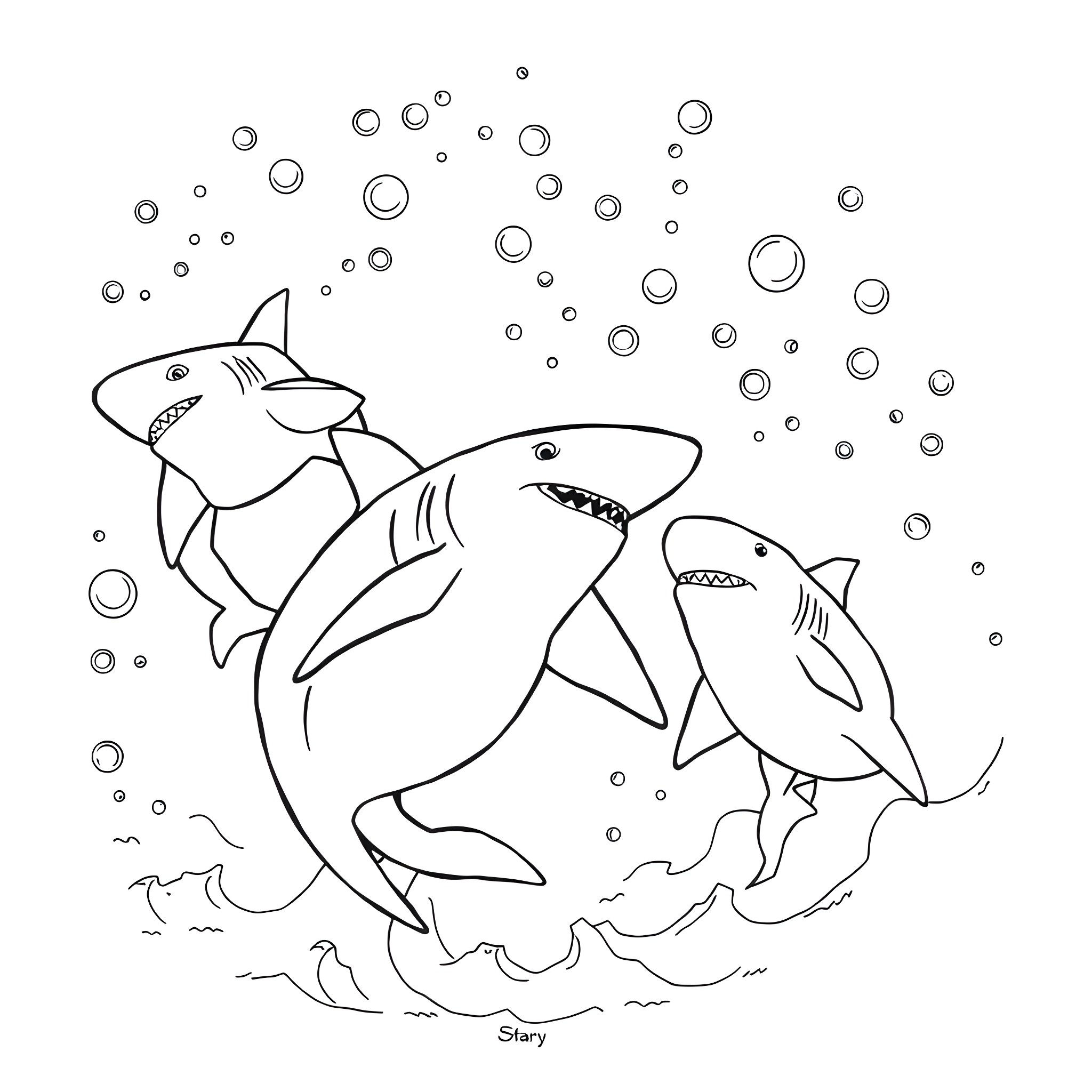 Sharks swimming playfully in the sea Coloring Page (free black-and-white line drawing printable PDF for all, from beginners to advanced learners, including children, teens, adults, and seniors)