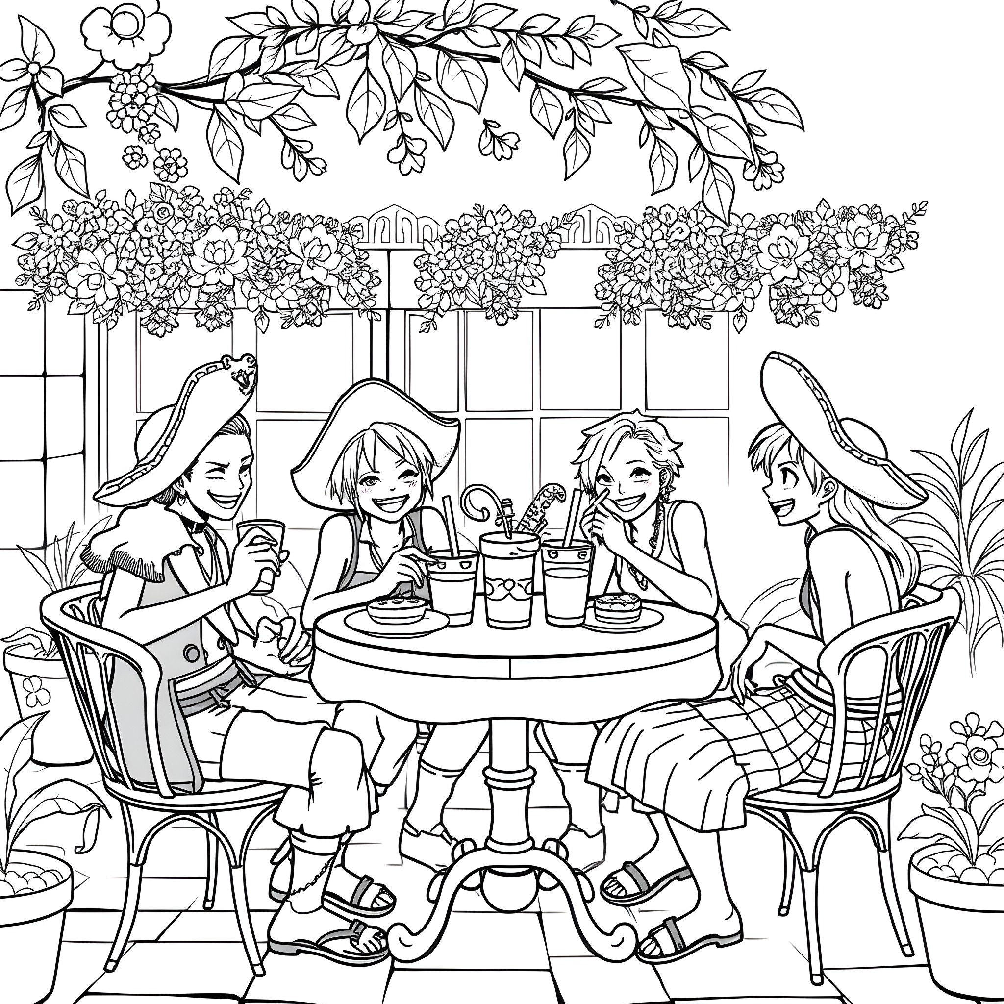 Strawhat Pirate Crew Enjoying a Floral Outdoor Gathering Coloring Page (free black-and-white line drawing printable PDF for all, from beginners to advanced learners, including children, teens, adults, and seniors)
