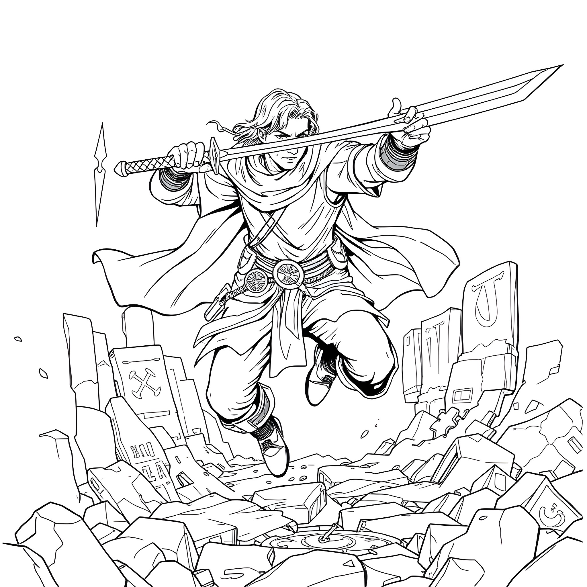 Fighter brandishing sword amidst rocky ruins Coloring Page (free black-and-white line drawing printable PDF for all, from beginners to advanced learners, including children, teens, adults, and seniors)