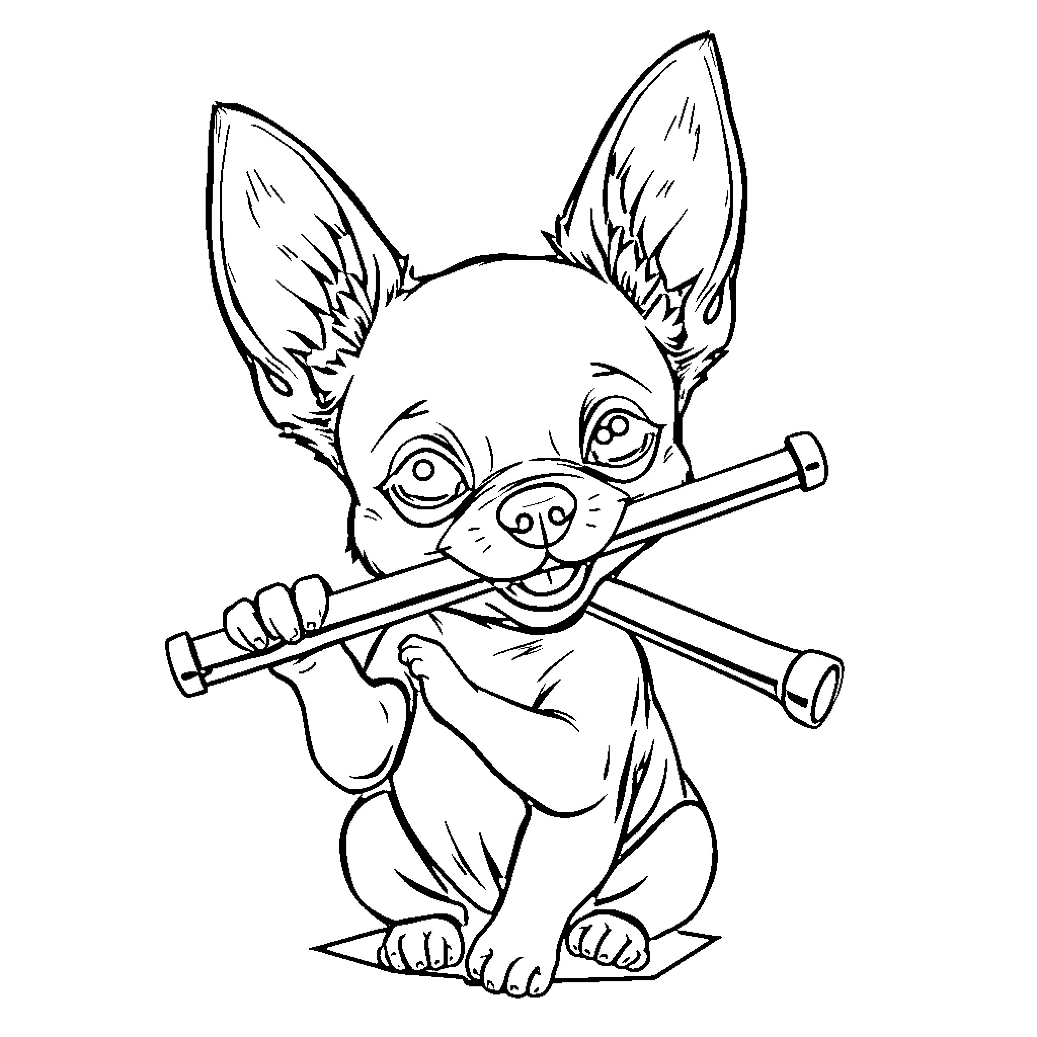 Chihuahua playing with sticks Coloring Page (free black-and-white line drawing printable PDF for all, from beginners to advanced learners, including children, teens, adults, and seniors)