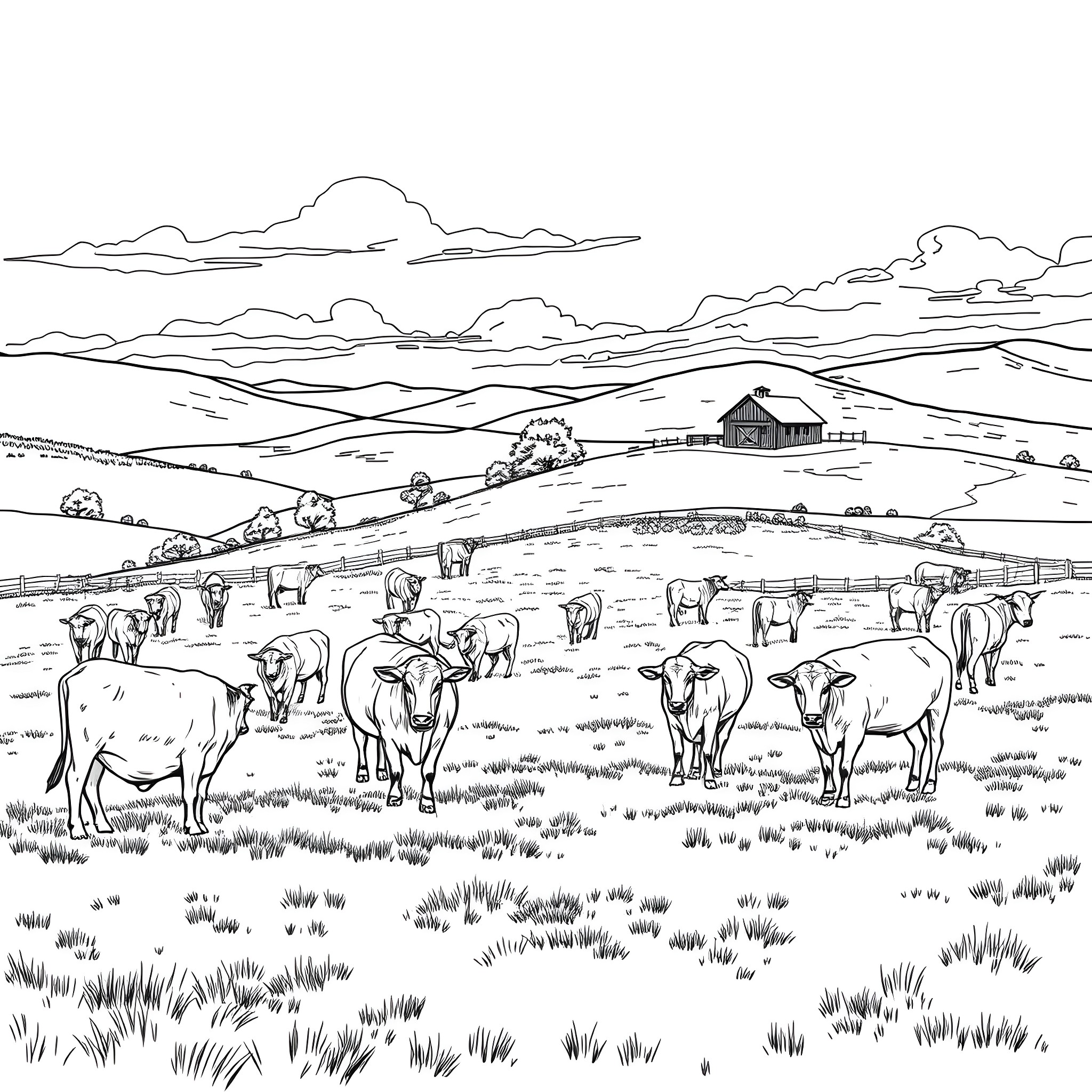 Cattle grazing peacefully in a scenic countryside landscape Coloring Page (free black-and-white line drawing printable PDF for all, from beginners to advanced learners, including children, teens, adults, and seniors)