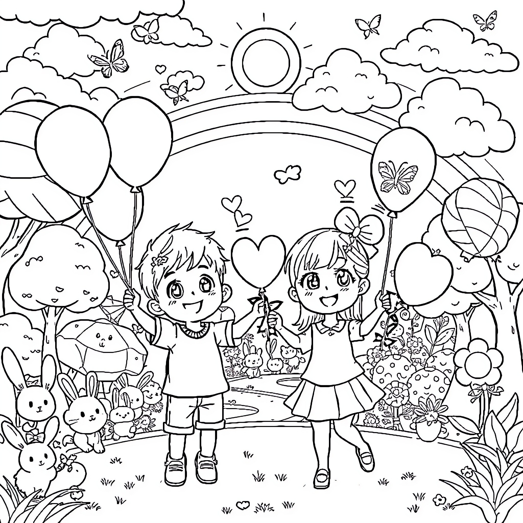 Anime Characters Enjoying a Scenic Outdoor Adventure Coloring Page (free black-and-white line drawing printable PDF for all, from beginners to advanced learners, including children, teens, adults, and seniors)