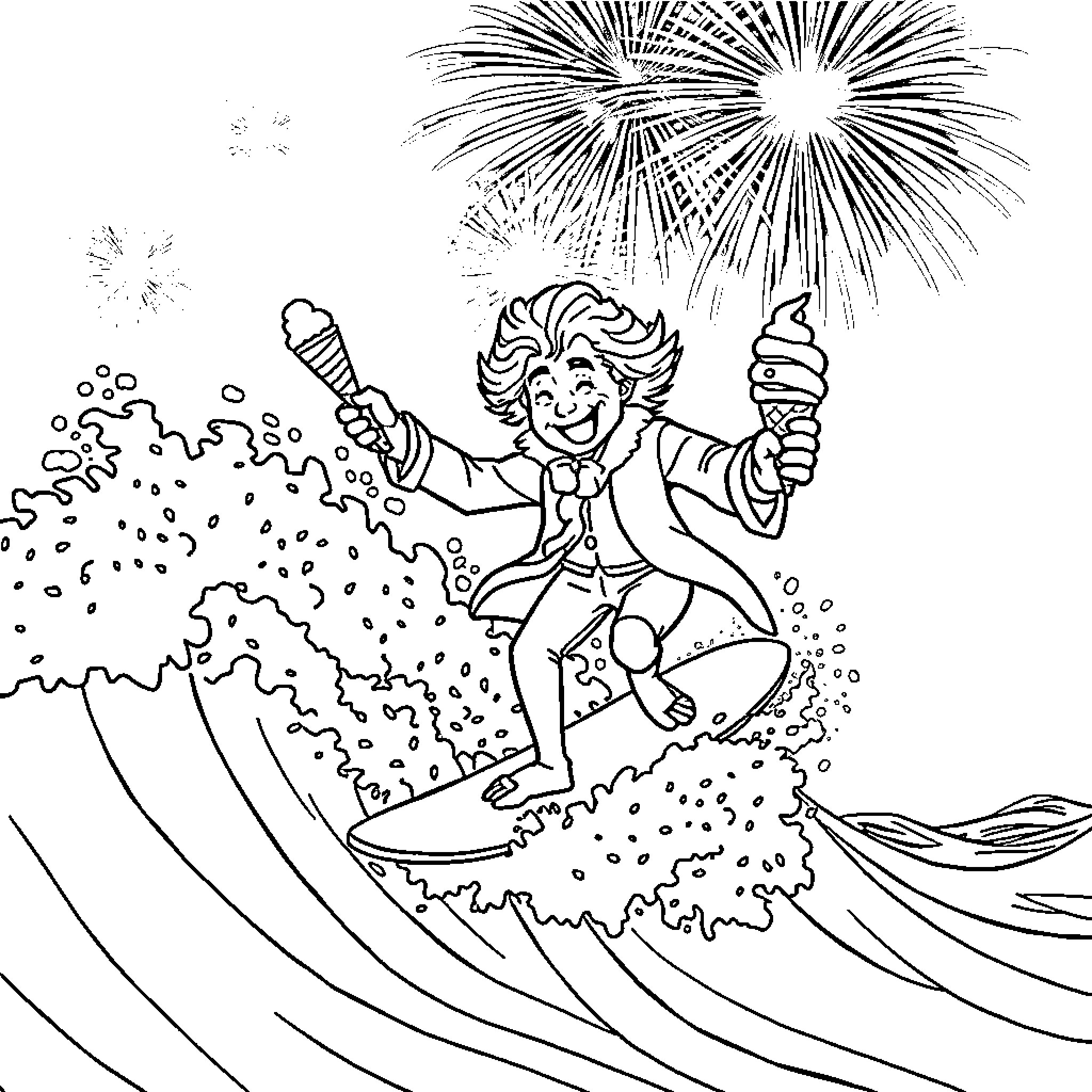 Beethoven celebrates Fourth of July with fireworks and ice cream Coloring Page (free black-and-white line drawing printable PDF for all, from beginners to advanced learners, including children, teens, adults, and seniors)