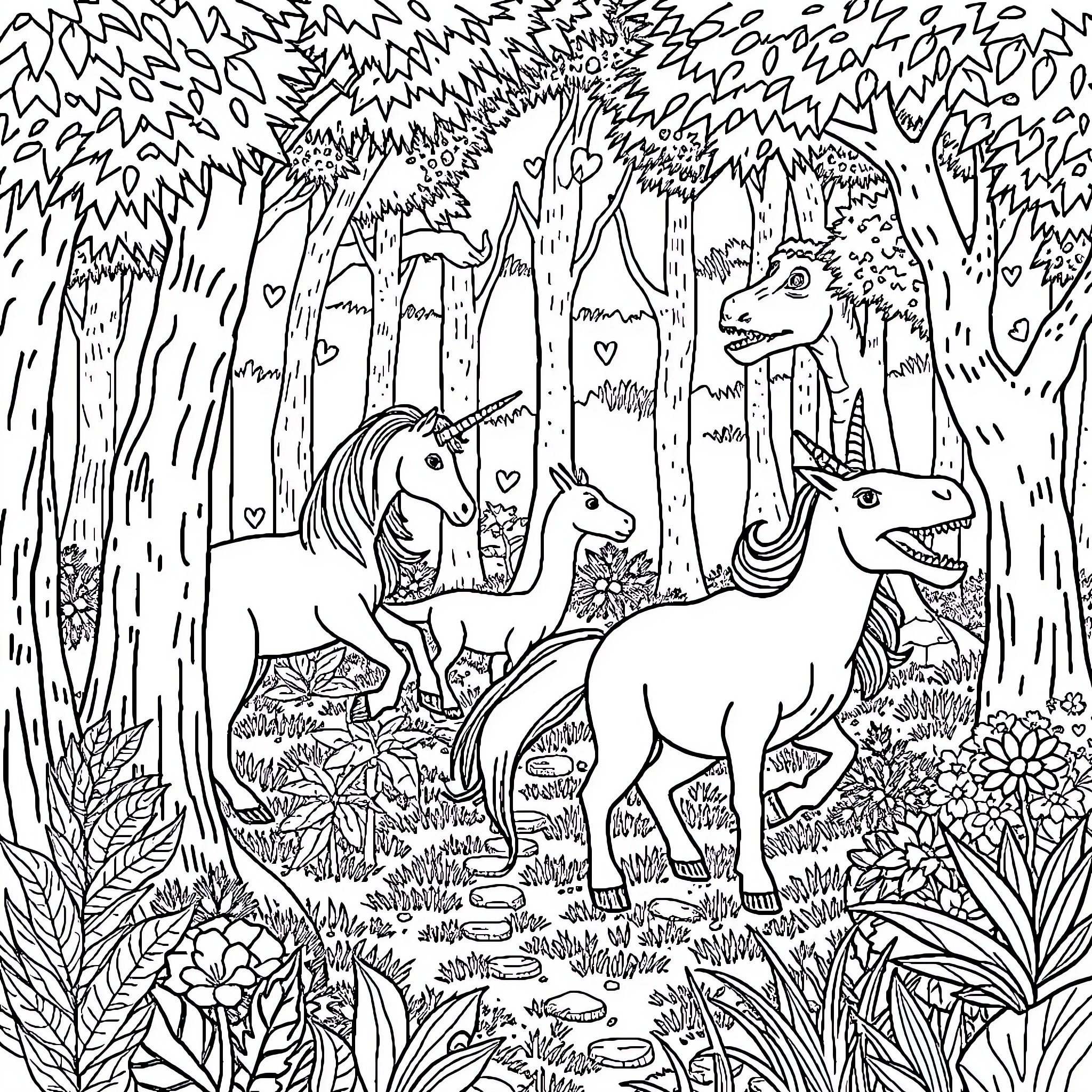 Unicorn Family Exploring the Enchanted Forest Coloring Page (free black-and-white line drawing printable PDF for all, from beginners to advanced learners, including children, teens, adults, and seniors)