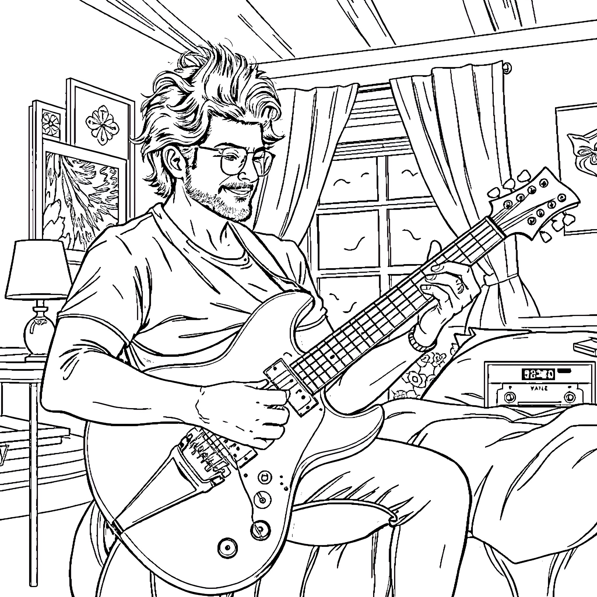 Stevie T playing guitar in a cozy bedroom Coloring Page (free black-and-white line drawing printable PDF for all, from beginners to advanced learners, including children, teens, adults, and seniors)