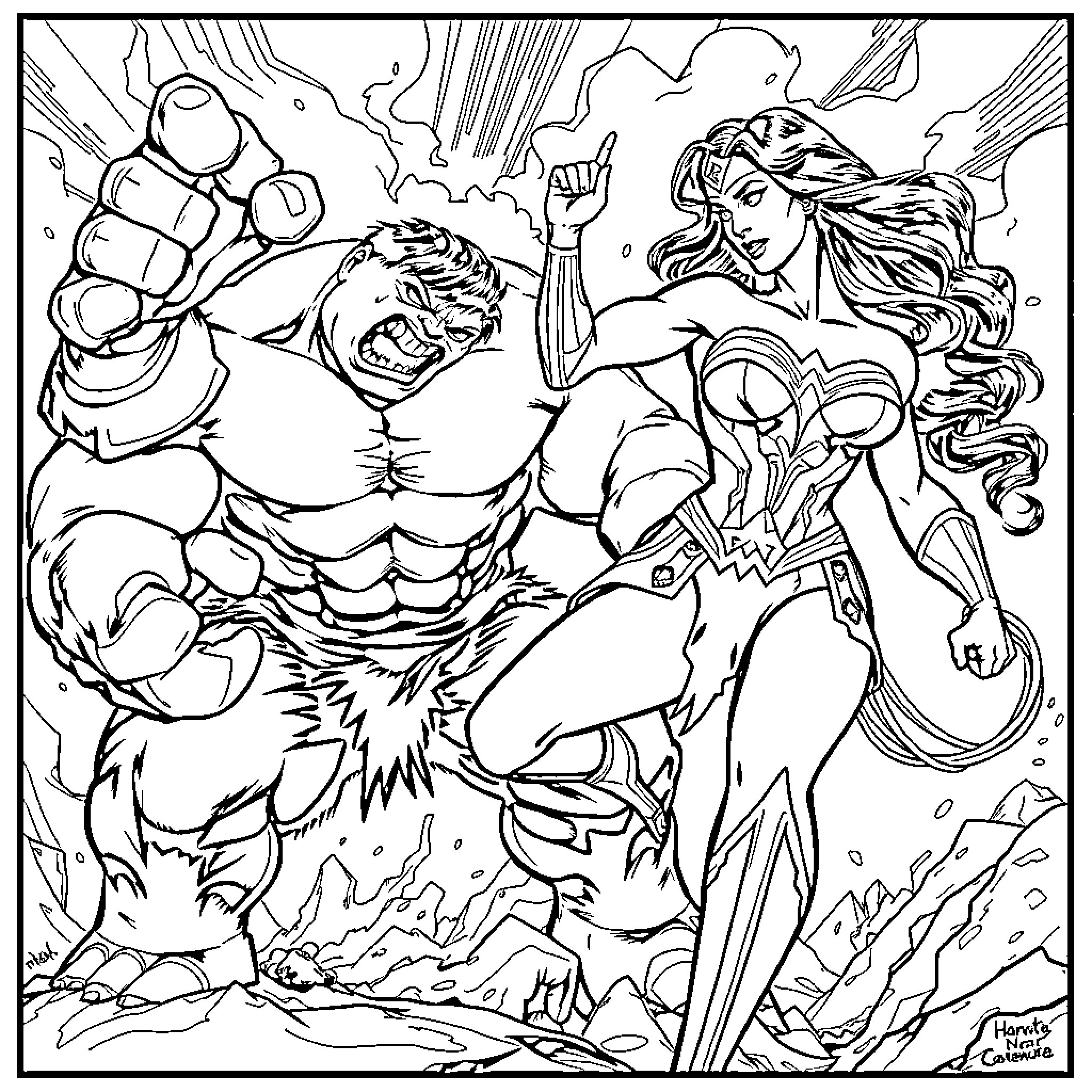 Wonder Woman's Heroic Battle Against a Monstrous Foe Coloring Page (free black-and-white line drawing printable PDF for all, from beginners to advanced learners, including children, teens, adults, and seniors)