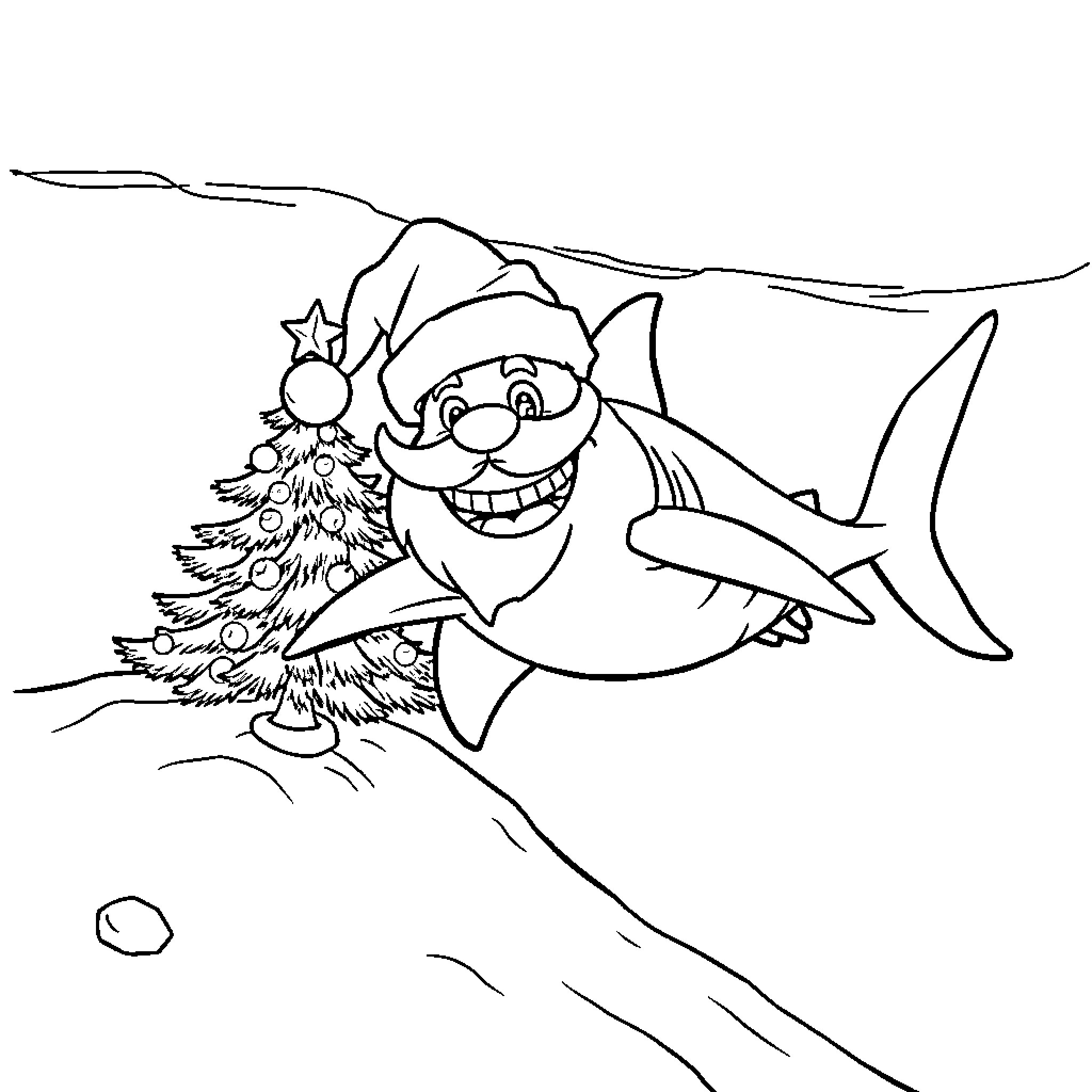 Santa Shark celebrating with Christmas tree Coloring Page (free black-and-white line drawing printable PDF for all, from beginners to advanced learners, including children, teens, adults, and seniors)