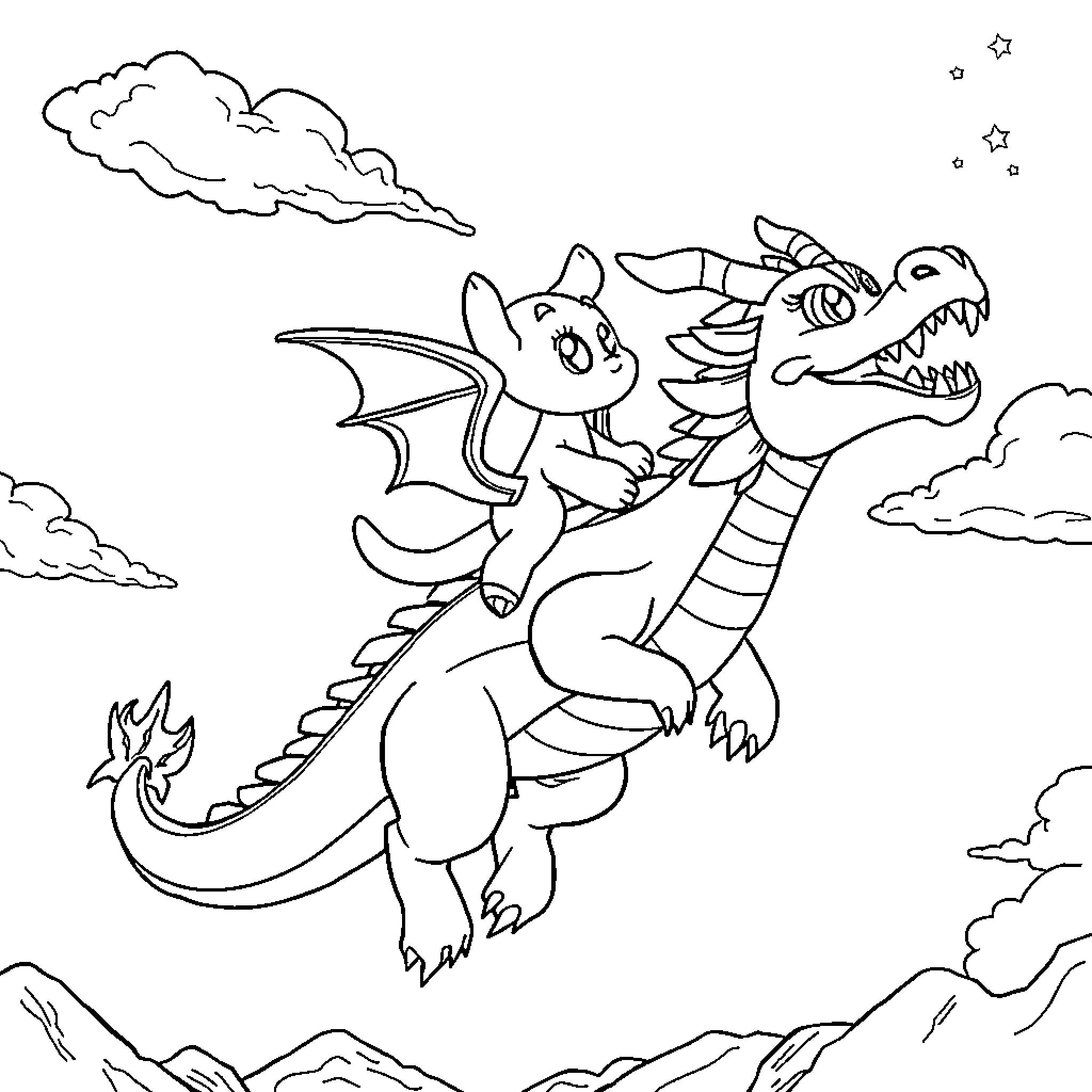 Bluey rides a friendly dragon in the sky Coloring Page (free black-and-white line drawing printable PDF for all, from beginners to advanced learners, including children, teens, adults, and seniors)