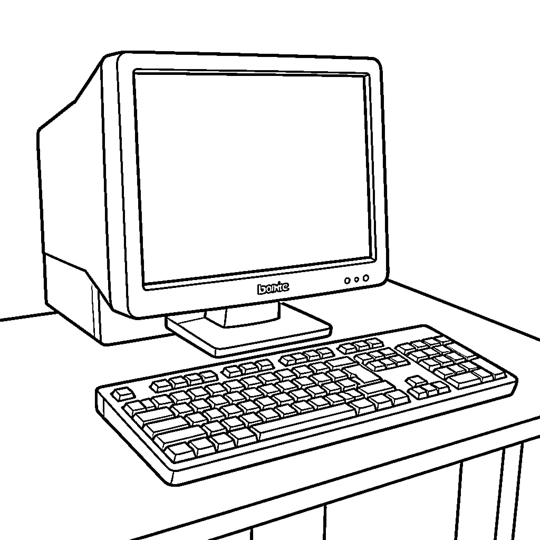 Computer and keyboard sitting on a desk Coloring Page (free black-and-white line drawing printable PDF for all, from beginners to advanced learners, including children, teens, adults, and seniors)