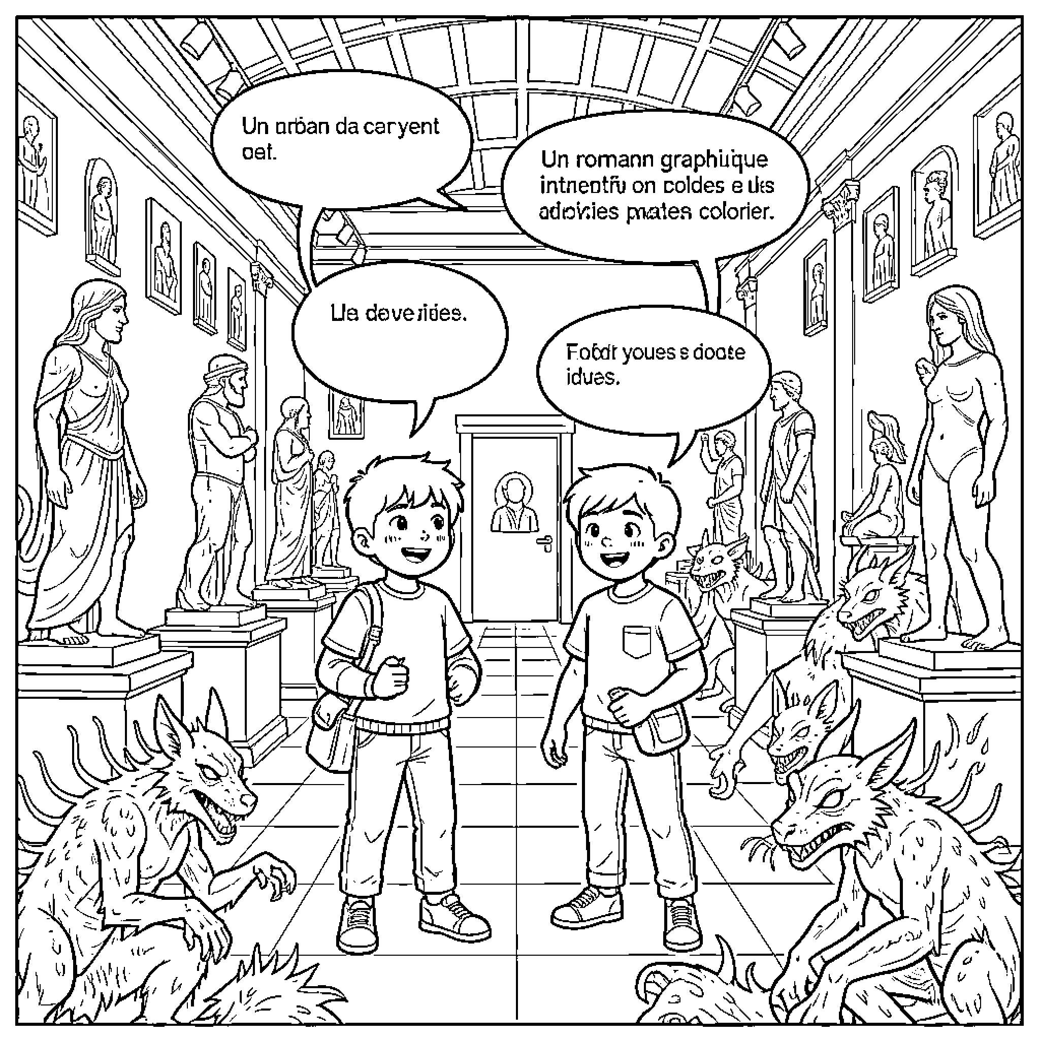 Children exploring a museum filled with statues and creatures Coloring Page (free black-and-white line drawing printable PDF for all, from beginners to advanced learners, including children, teens, adults, and seniors)