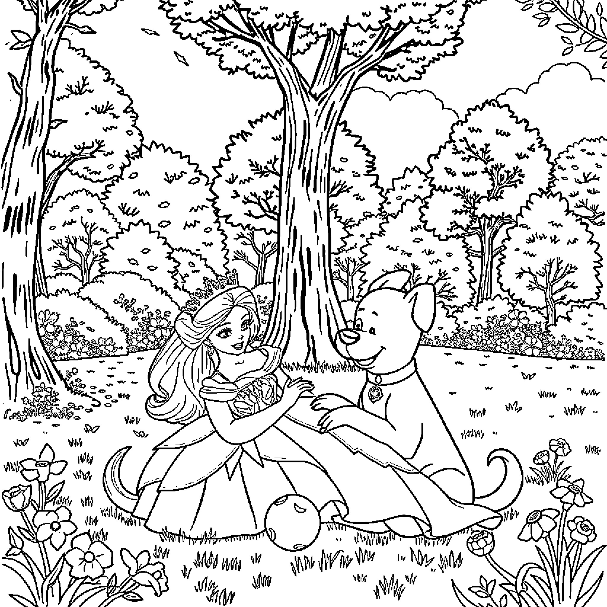 Dog sitting and talking with girl in forest Coloring Page (free black-and-white line drawing printable PDF for all, from beginners to advanced learners, including children, teens, adults, and seniors)