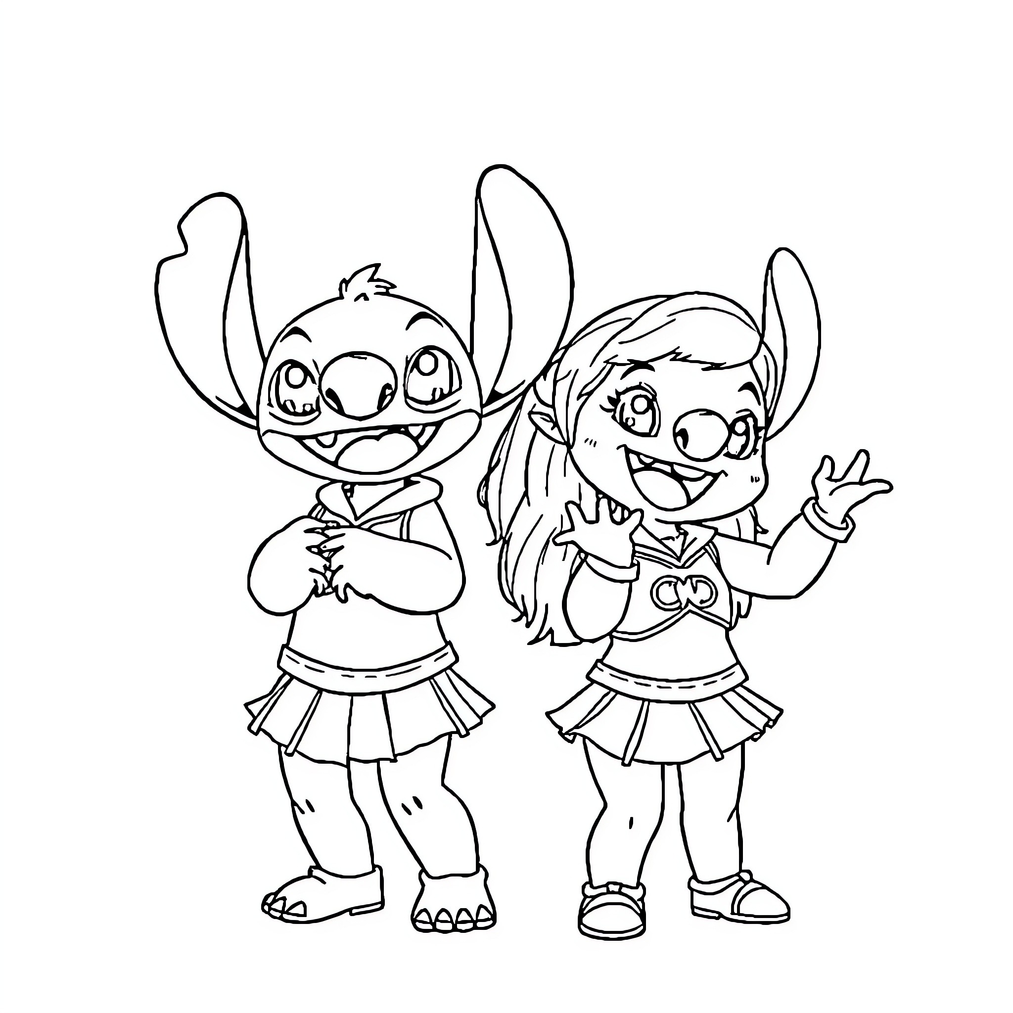 Lilo and Stitch's Cheerful Adventure Coloring Page (free black-and-white line drawing printable PDF for all, from beginners to advanced learners, including children, teens, adults, and seniors)