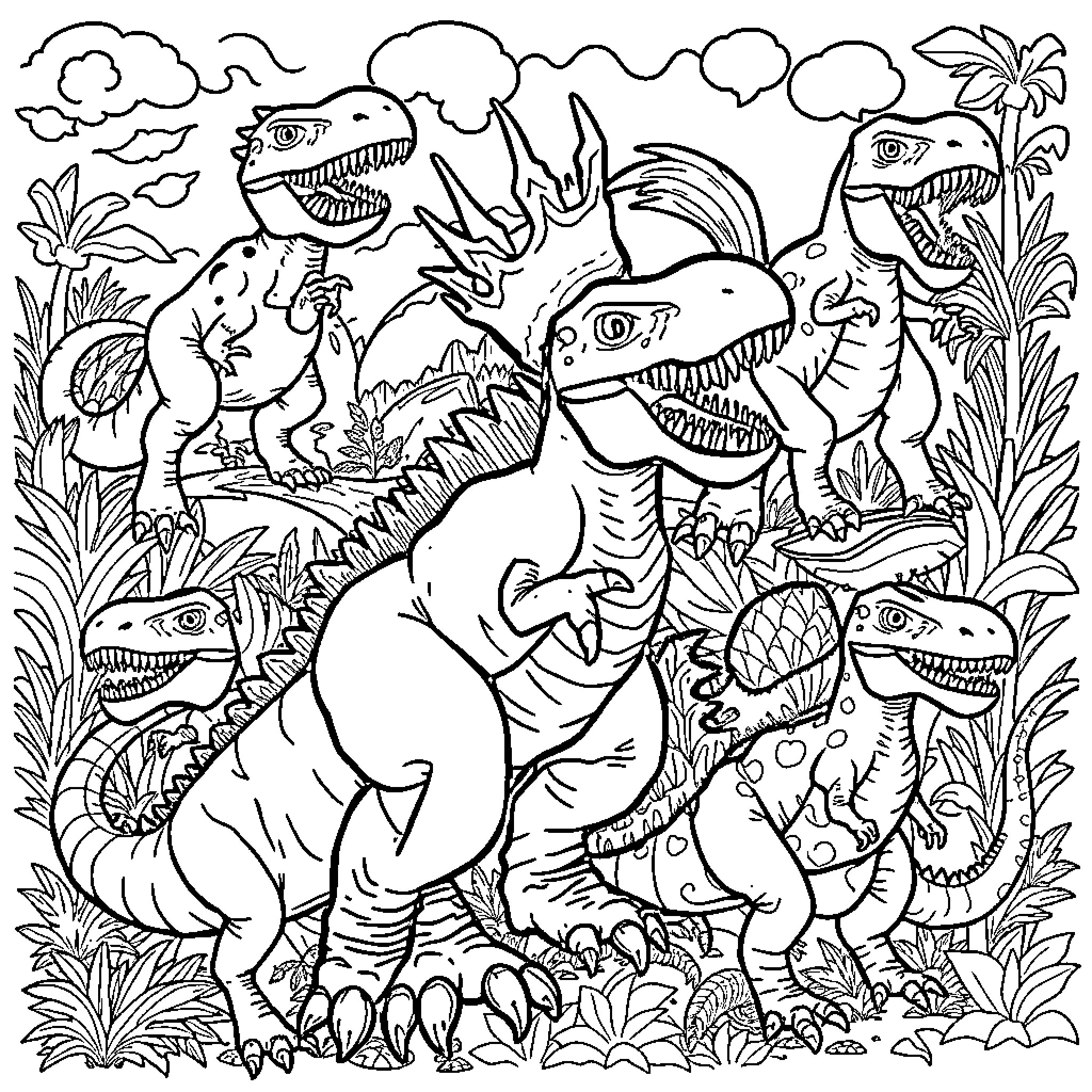 Dinosaur Gathering in Lush Prehistoric Landscape Coloring Page (free black-and-white line drawing printable PDF for all, from beginners to advanced learners, including children, teens, adults, and seniors)
