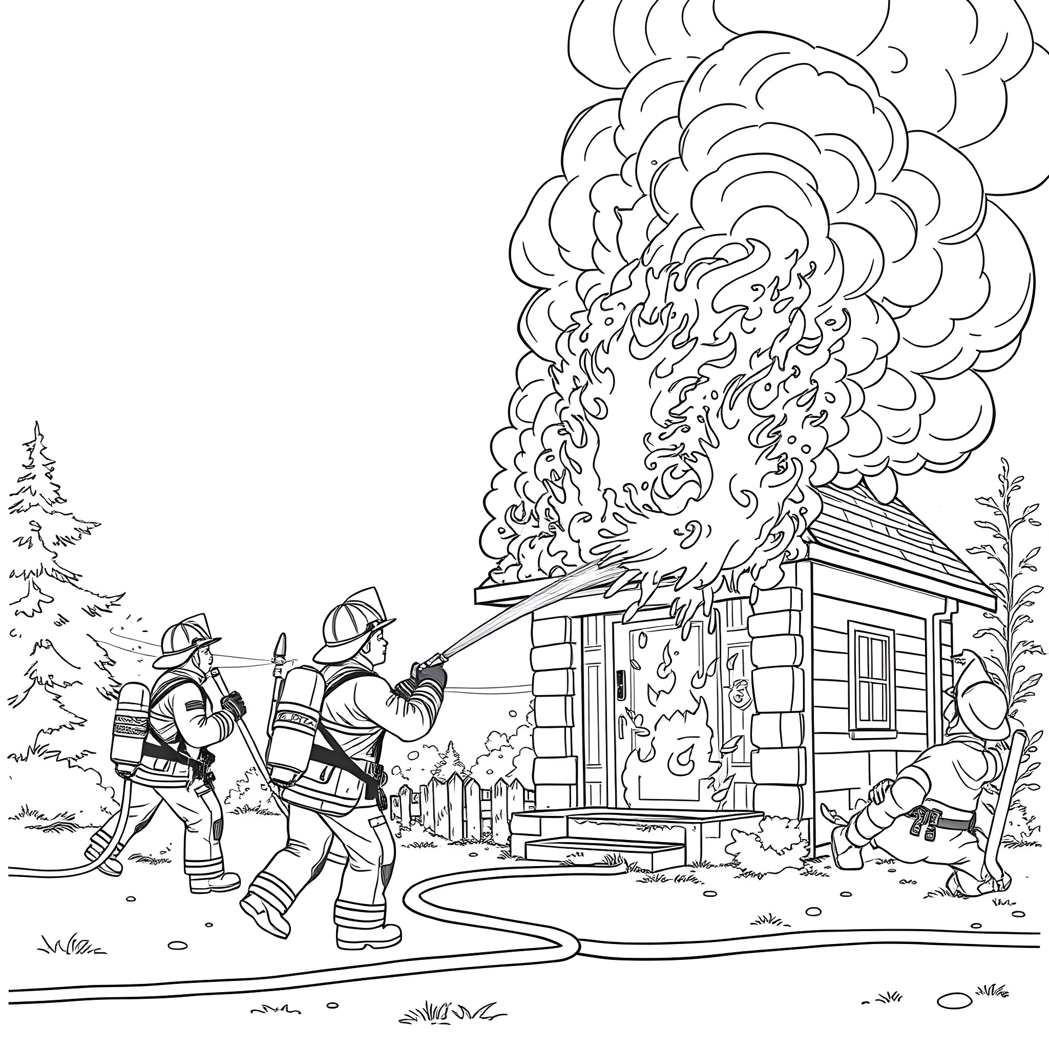 Firefighters battling a blaze at a remote cabin Coloring Page (free black-and-white line drawing printable PDF for all, from beginners to advanced learners, including children, teens, adults, and seniors)
