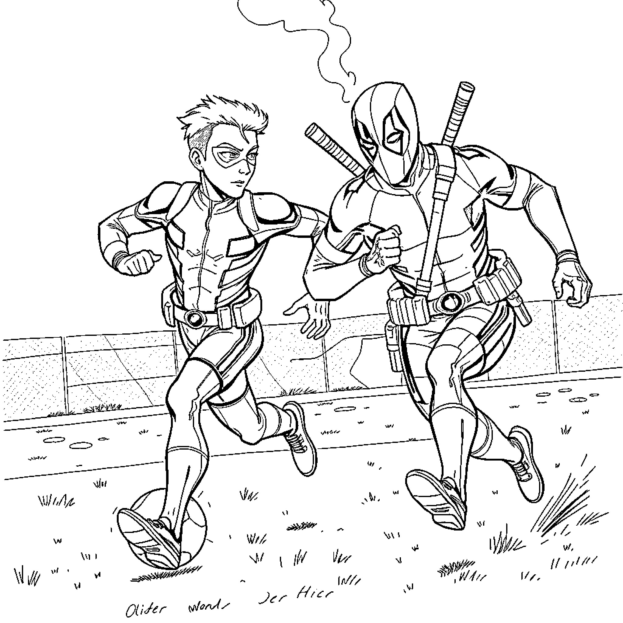Oliver Atom battling against a costumed foe in an outdoor setting Coloring Page (free black-and-white line drawing printable PDF for all, from beginners to advanced learners, including children, teens, adults, and seniors)