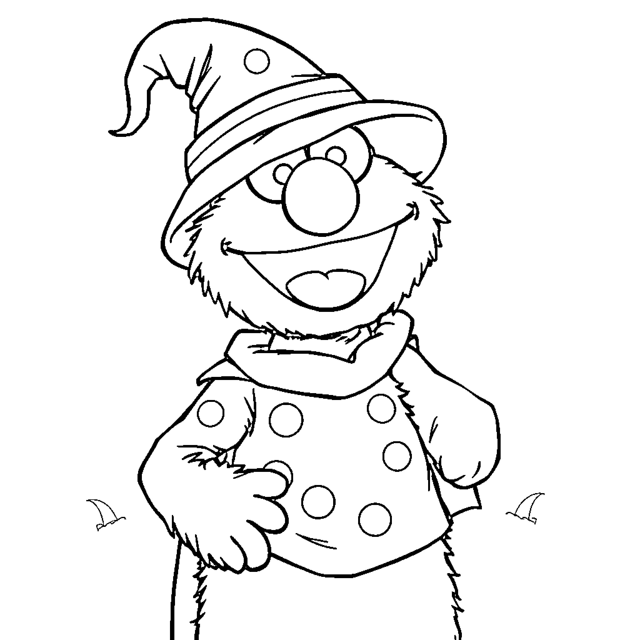 Elmo the Playful Jester in a Spotted Outfit Coloring Page (free black-and-white line drawing printable PDF for all, from beginners to advanced learners, including children, teens, adults, and seniors)