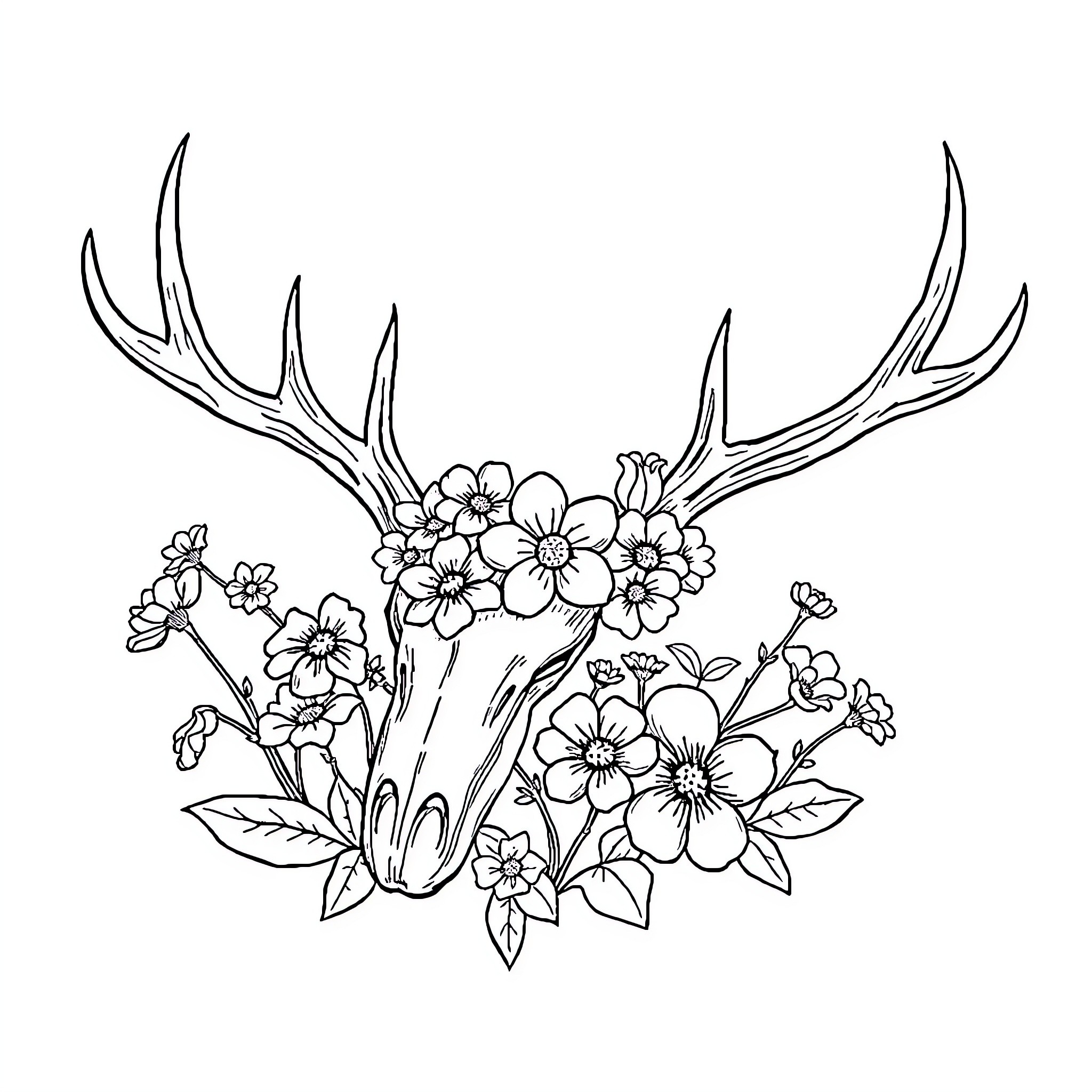 Antler adorned with vibrant wildflowers Coloring Page (free black-and-white line drawing printable PDF for all, from beginners to advanced learners, including children, teens, adults, and seniors)