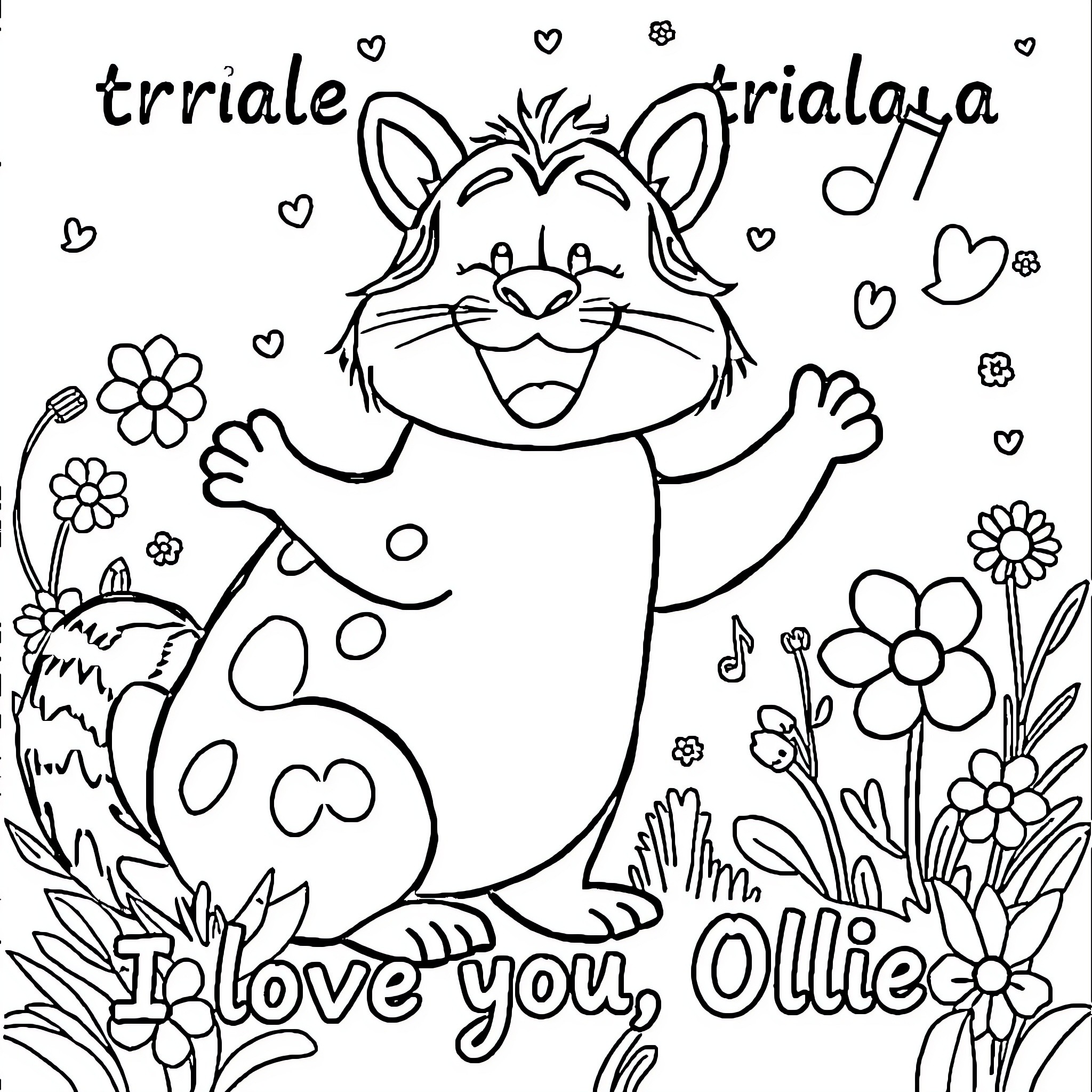 Tralalero Ollie's Joyful Dance with Flowers Coloring Page (free black-and-white line drawing printable PDF for all, from beginners to advanced learners, including children, teens, adults, and seniors)