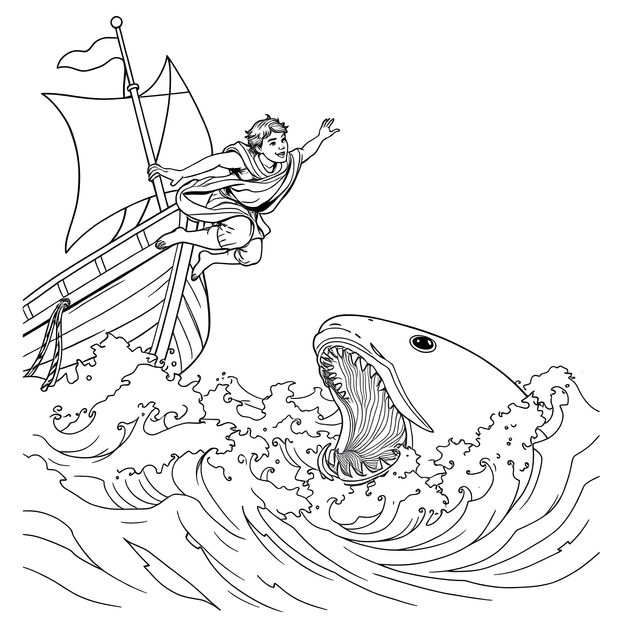 Jonah rescued from the jaws of a giant fish Coloring Page (free black-and-white line drawing printable PDF for all, from beginners to advanced learners, including children, teens, adults, and seniors)